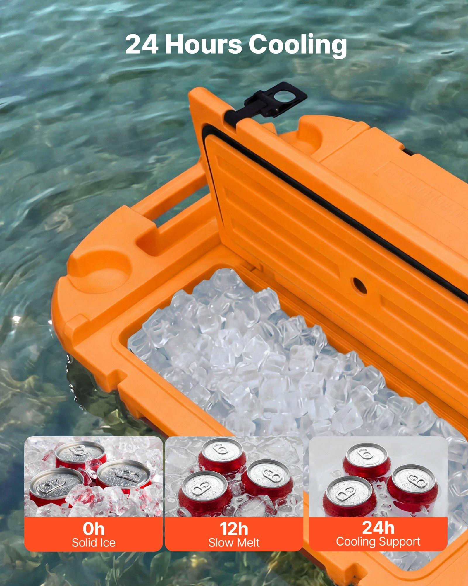VEVOR Floating Cooler, 40 QT Floating Ice Chest with Dry Storage, Wheels & Tow Rope, Premium LLDPE Amphibious Drink Cooler for Water & Land, Cruise Stable on Lake, River, Pool, Beach, Kayak, Orange