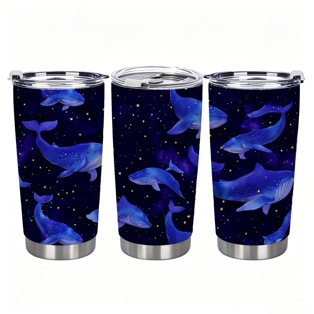 20oz Starry Whale Stainless Steel Tumbler, Galaxy Ocean Print Vacuum Insulated Travel Mug, Leakproof Lid, Keep Cold & Hot, Gift For Ocean Lovers, Ideal For Car Driving, Camping, Daily Coffee Drinks flask