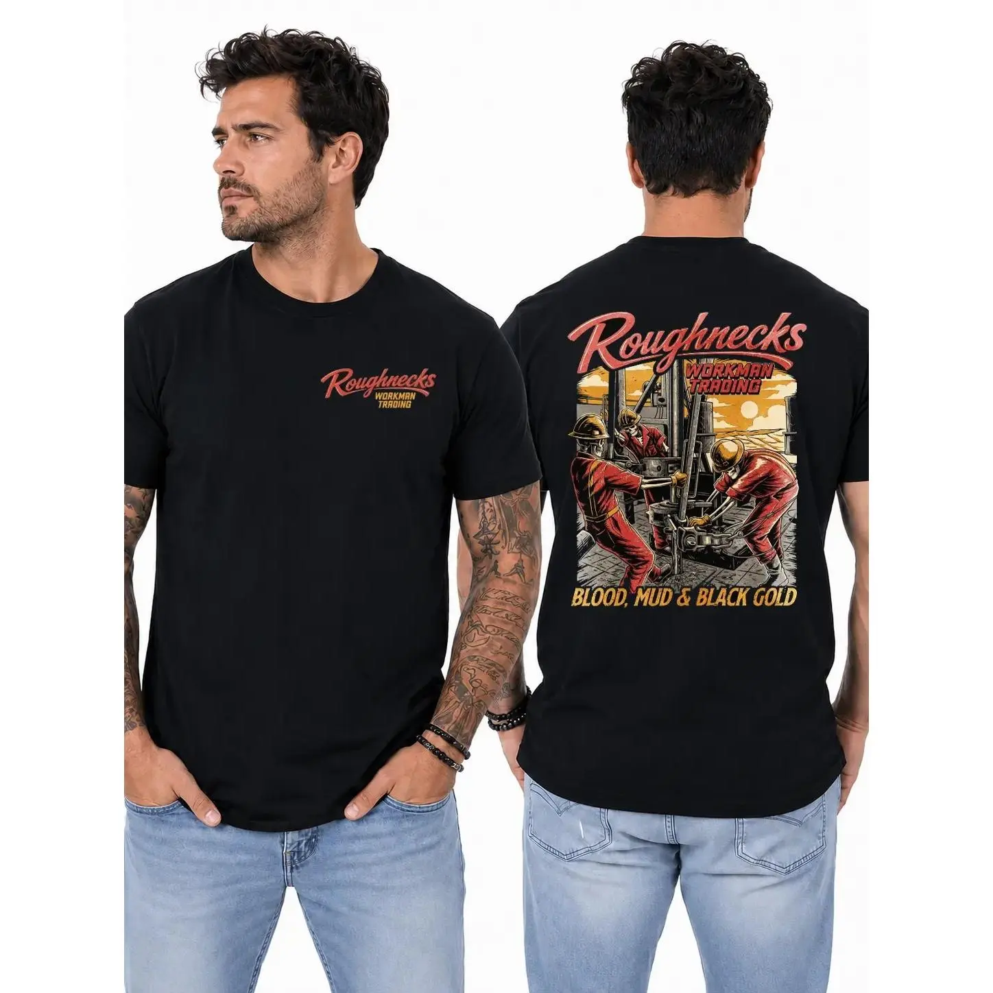 Shortsleeve Casual Oilfield Roughneck Graphic Print T-Shirt - Drilling Rig Crew Blue Collar Work Top, Machine Washable Gift for Petroleum Workers