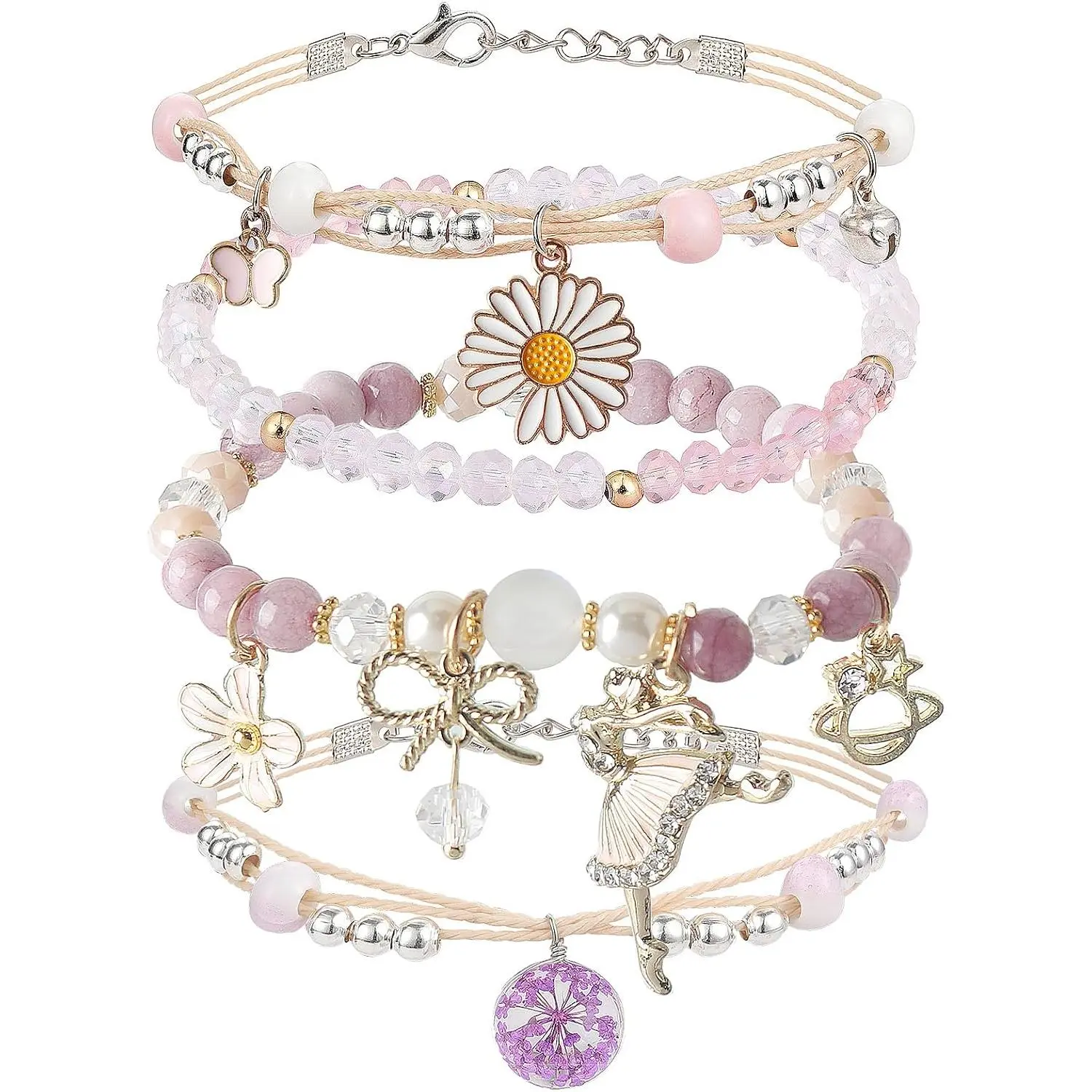4 count Beaded  Bracelets for Teen Girls Adjustable Birthday  | / Bea,Cute Cartoon Details,Fits Women/Girls,Stretch,Daily/Party Wear,Frienhip ,for Ages 6-12
