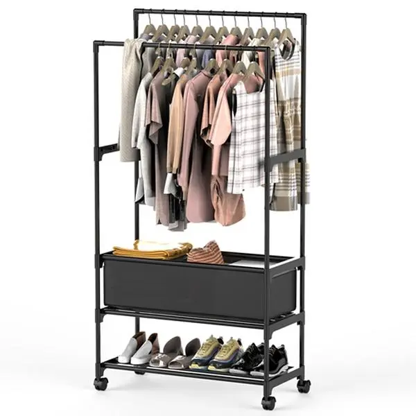 Smooth Rolling Clothes Rack for Skateboarding Gear & Room Organization, Minimalist Iron Organizer with Double Height Rods, Adjustable Plastic Storage Compartment, Hanging Accessory Support, Shoe Shelf & Lockable Casters, Wardrobe