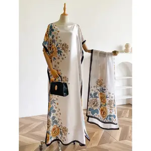 Women’s Floral Abaya Shawl Set – Elegant Loose Fit Long Dress with Scarf, Lightweight Spring Summer Hijab Outfit for Eid & Daily Wear