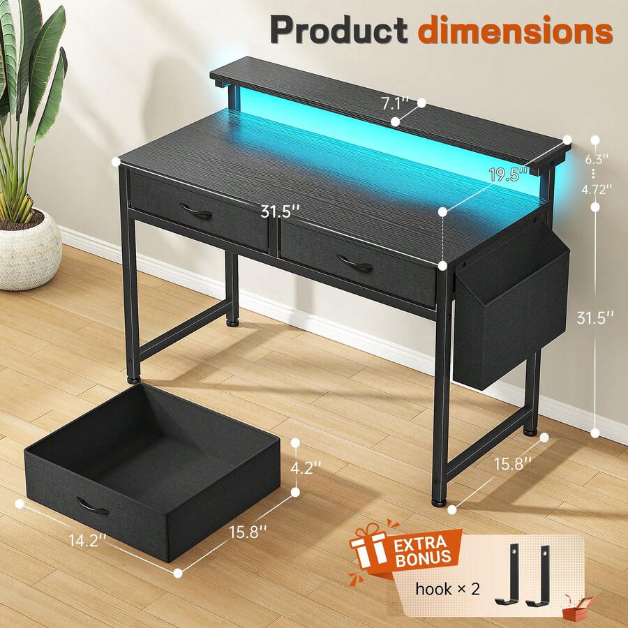31.5 Inch Home Office Desk with LED Lights, Ergonomic Monitor Riser, 2 Fabric Drawers and Side Storage Pocket, Computer Desk for Bedroom & Workspace 31.5 Inch Home Office Desk with LED Lights, Ergonomic Monitor Riser, 2 Fabric Drawers and Side Storage Pocket, Computer Desk for Bedroom & Workspace
