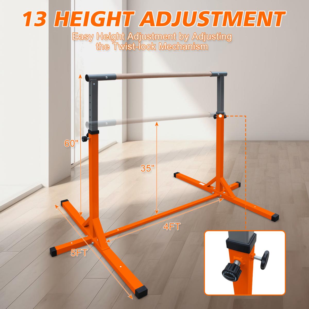 [Fahuac] Gymnastics Bar for Kids, Adjustable Height 39"-62" Junior Training Kip Bar for Home, Sturdy Metal Base with Non-Slip Cover, Easy Assembly, for Kids 3+ Years Orange