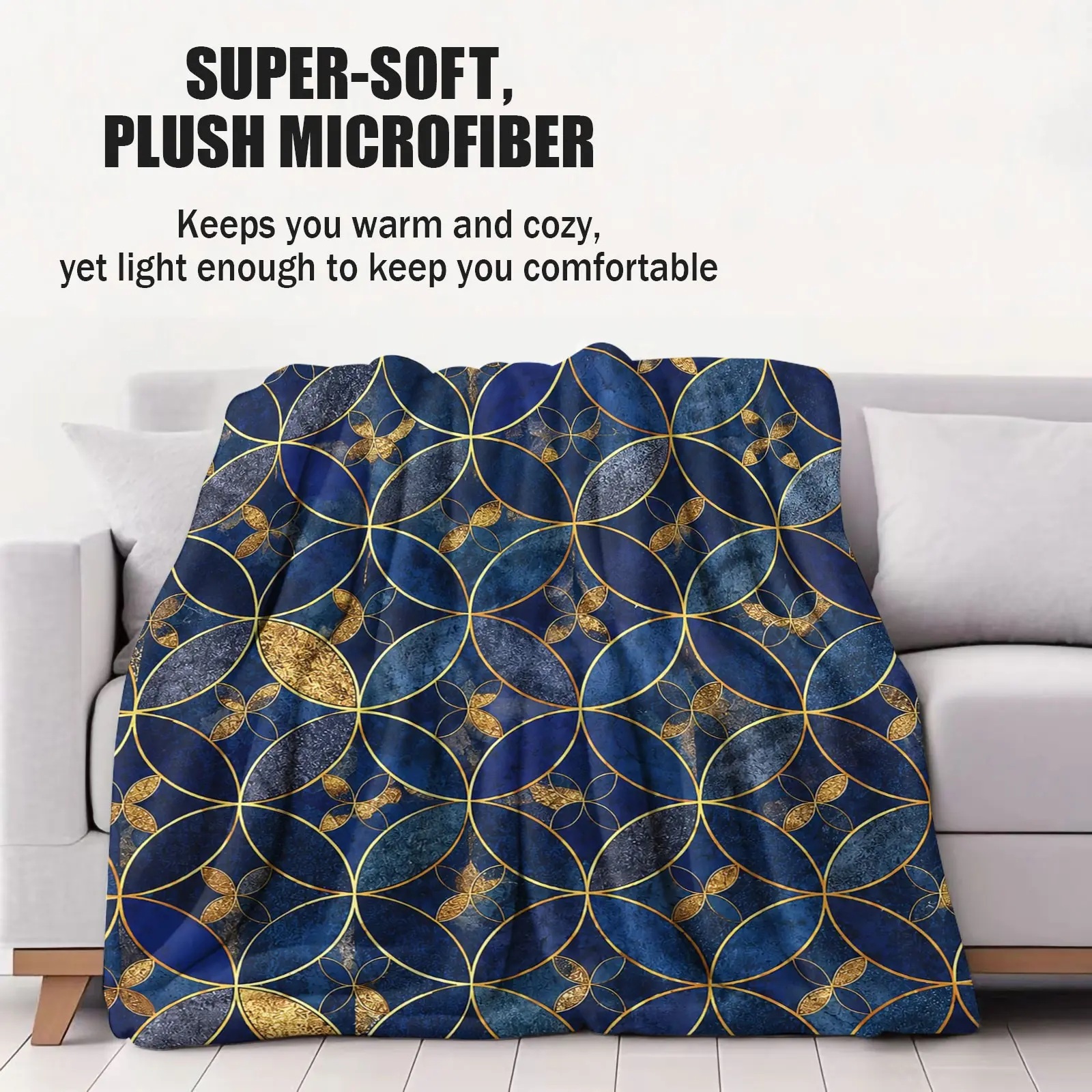 Blue Gold Geometric Throw Blanket, Abstract Circle Pattern Soft Cozy Warm Flannel Blankets for Sofa Couch Bed Gifts for Lover Kids Girls Boys Women Adults