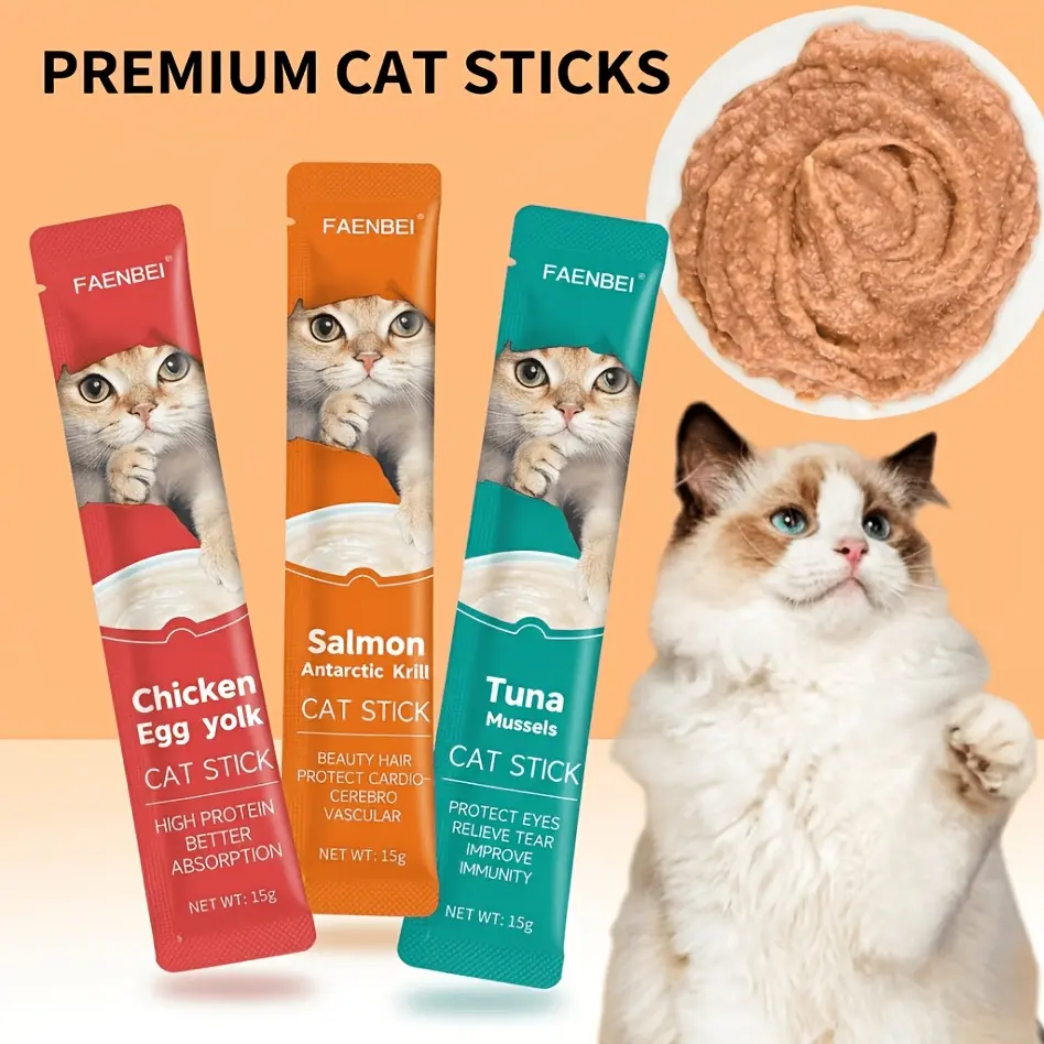 FAENBEI Premium Cat Strips Wet Food Nutritional Strips Cat Snacks Nutritional Strips Variety Pack Of 3 Flavors (15g Each) - Chicken Egg Yolk, Salmon Krill, Tuna Mussels - Essential Nutrients for Health, Hair, A Healthy Snack for All Adult Cats.