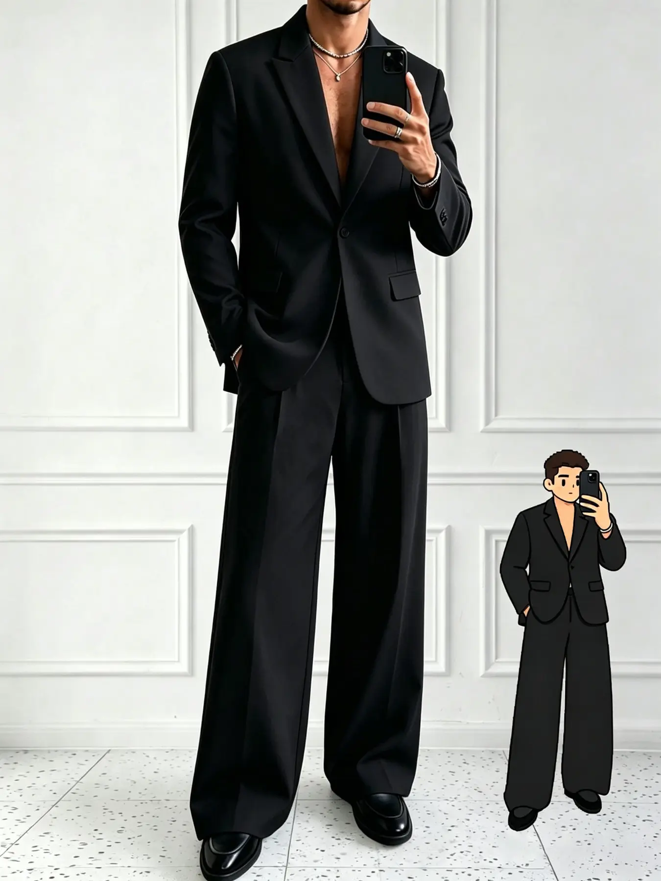Men's Loose Fit Suit Set, Wide Leg Floor-Length Pants, Casual Vacuum Single Button Blazer, Two-Piece Suit, Comfortable and Stylish