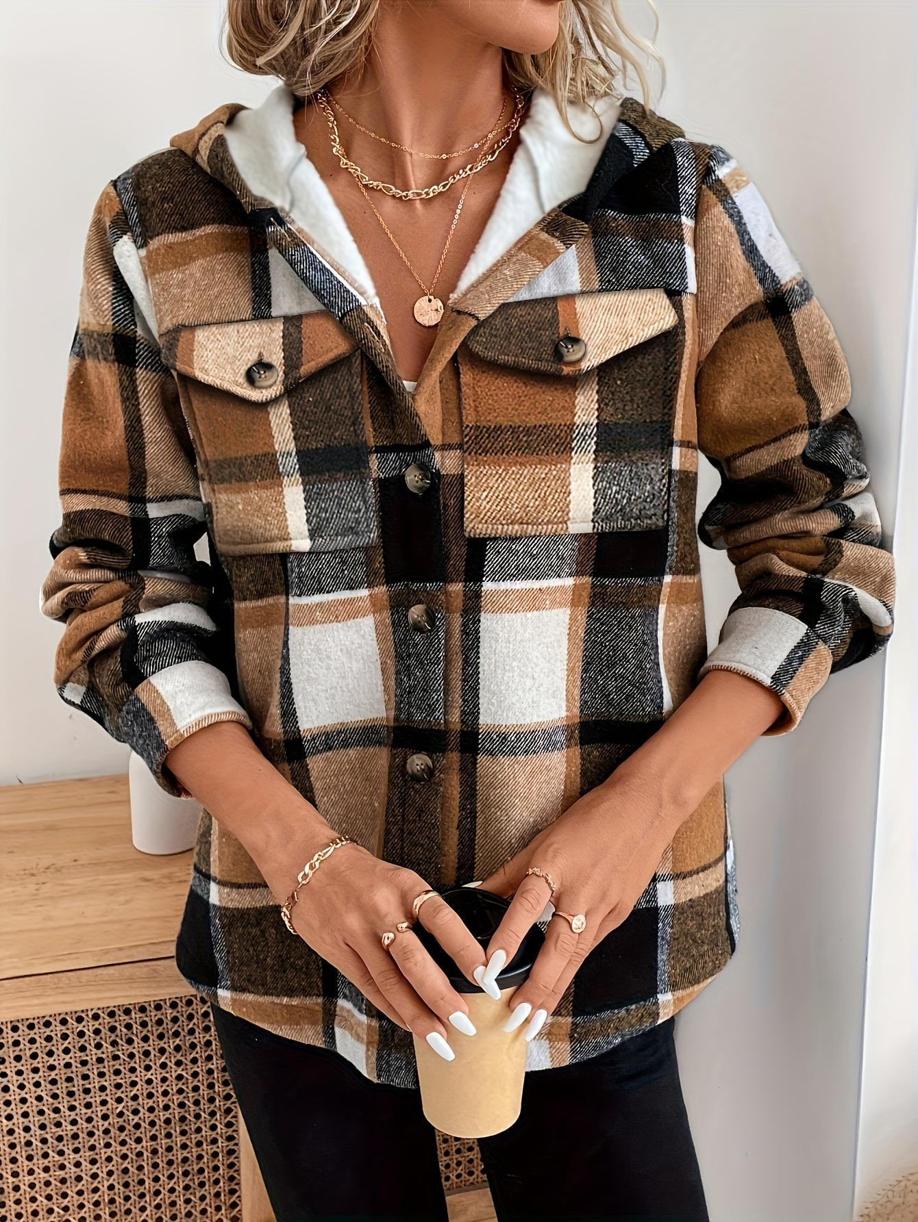 Women's Casual Plaid Hooded Jacket with Fleece Lining Woven Shirt  All-Season Warmth Lightweight Outerwear Coats Fashionable Winter Jacket