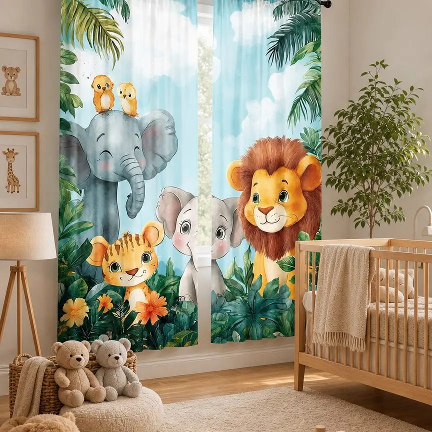 2 Piece Large Animal Semi-Transparent Curtains, Cartoon Jungle Print, Elephant Lion Tiger, Bedroom Living Room Kitchen Office Decor