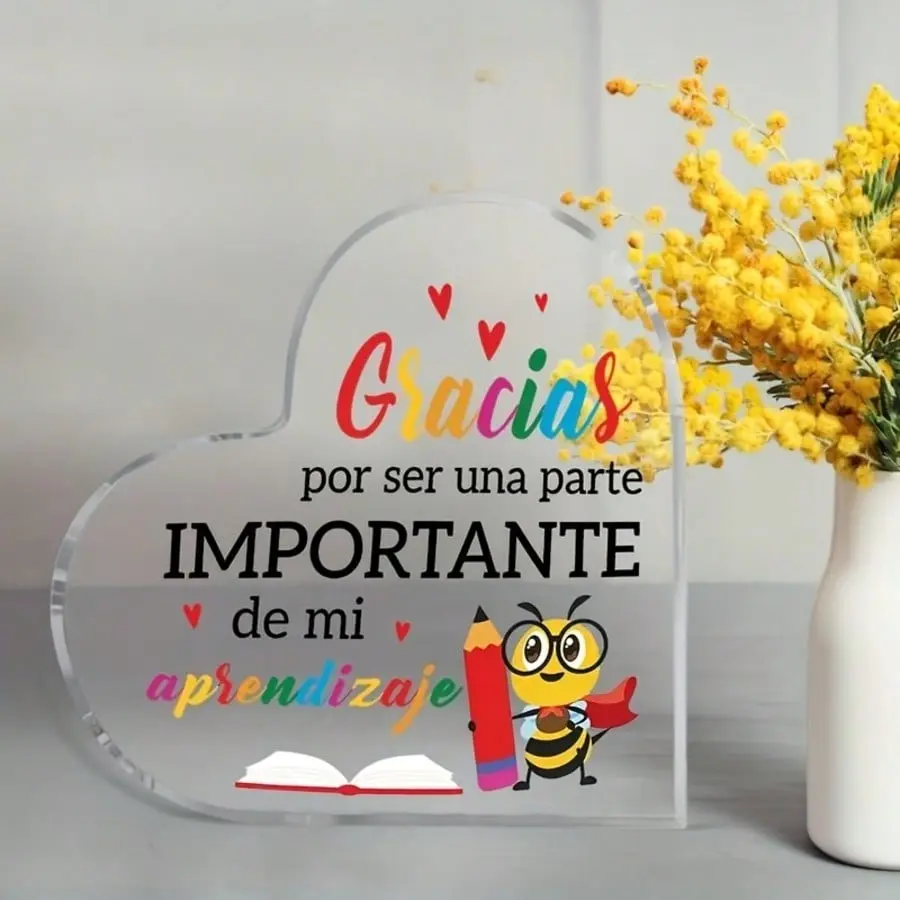 2D Flat Heart Acrylic Puzzle Keychain, Spanish Thank You Message, Cute Cartoon Design, Teacher Appreciation Gift, Resignation Gift, Colleague Gift