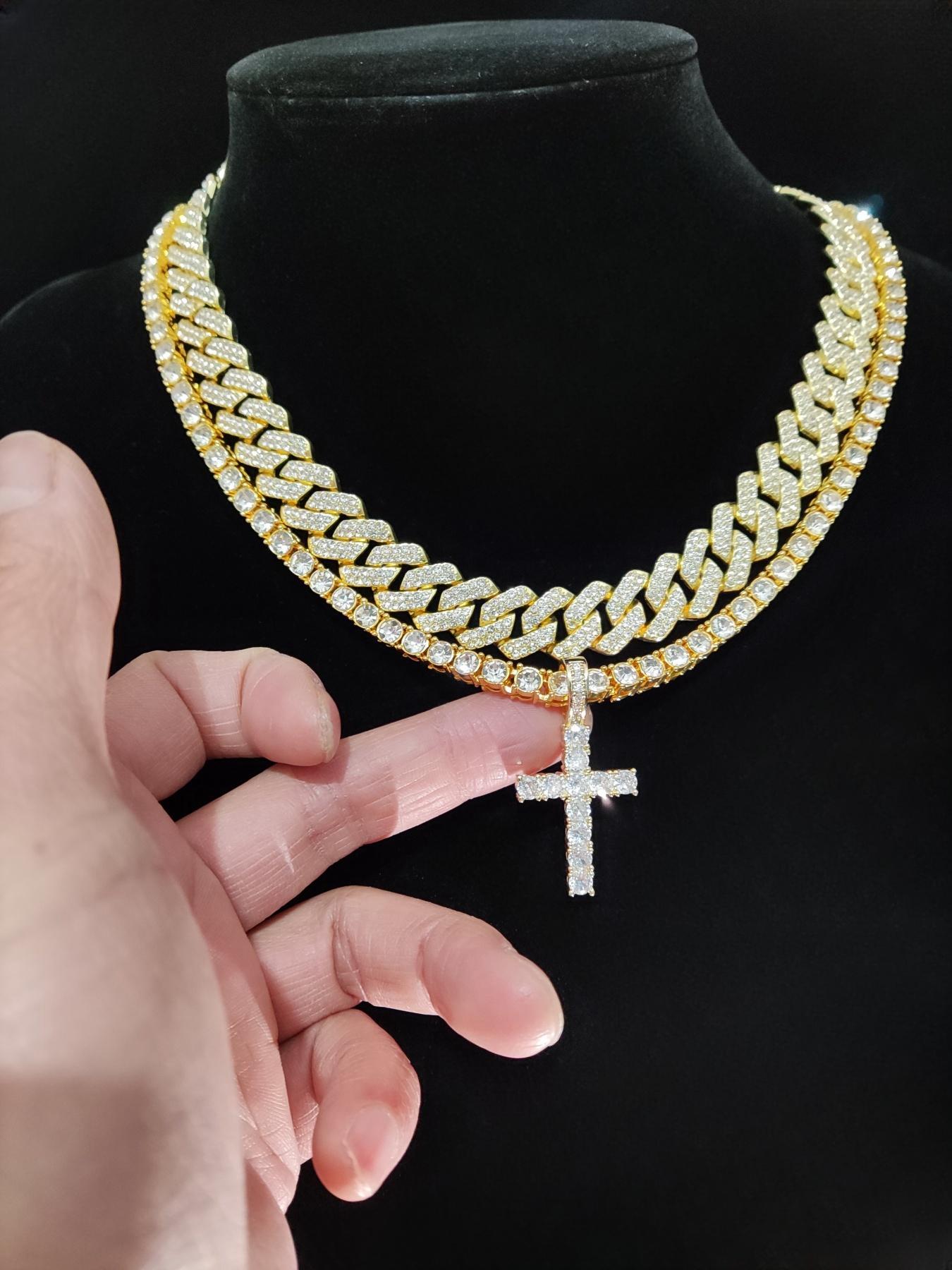 Easter Luxury Rhinestone Cross Pendant Necklace & Cuban Chunky Chain Matching Jewelry Set, Sparkly Streetwear Hip Hop Iced out Jewelry Set for Party, Gorgeous Trendy Accessories Cross Necklaces, Cuban Link Chain