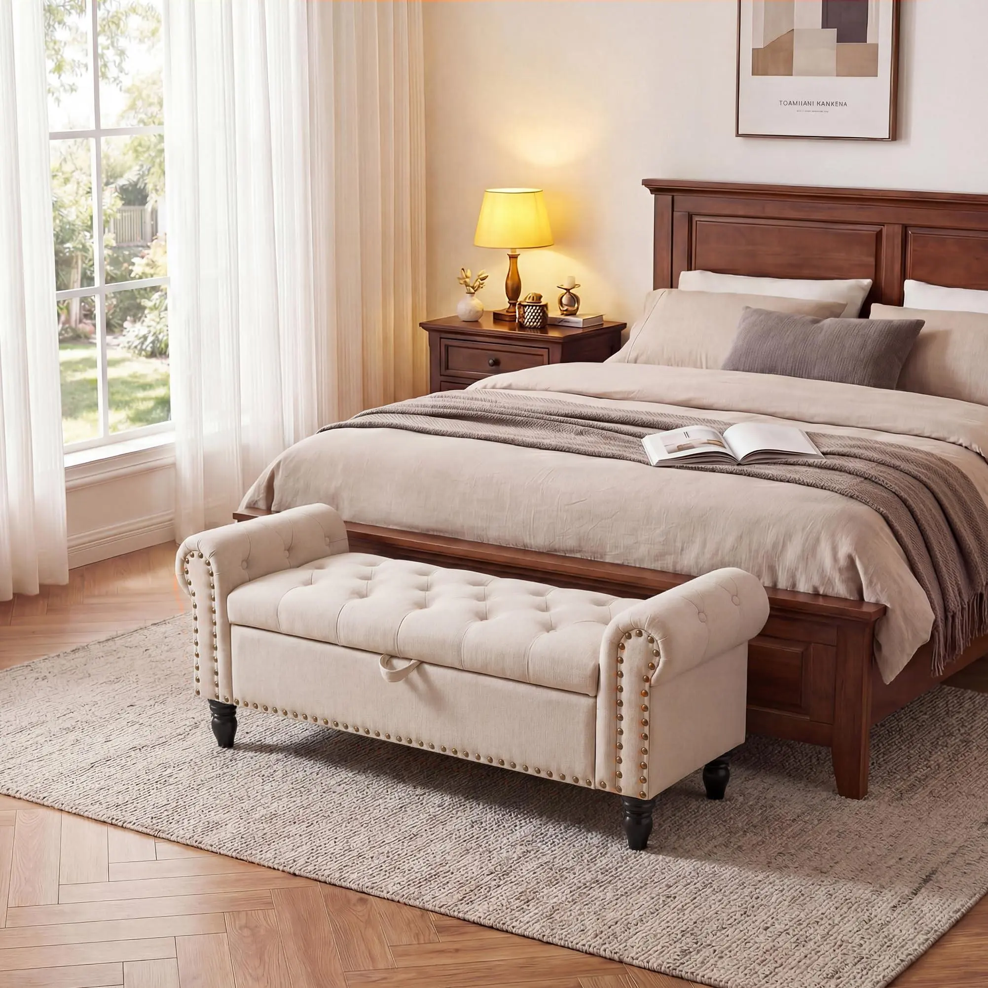 Elegant 51in Upholstered Storage Bench for Bedroom - Button Tufted Ottoman with Rolled Arms, Safety Hinge, Anti Cotton Linen - Ideal for Bedroom, Living Room, Closet - Gray