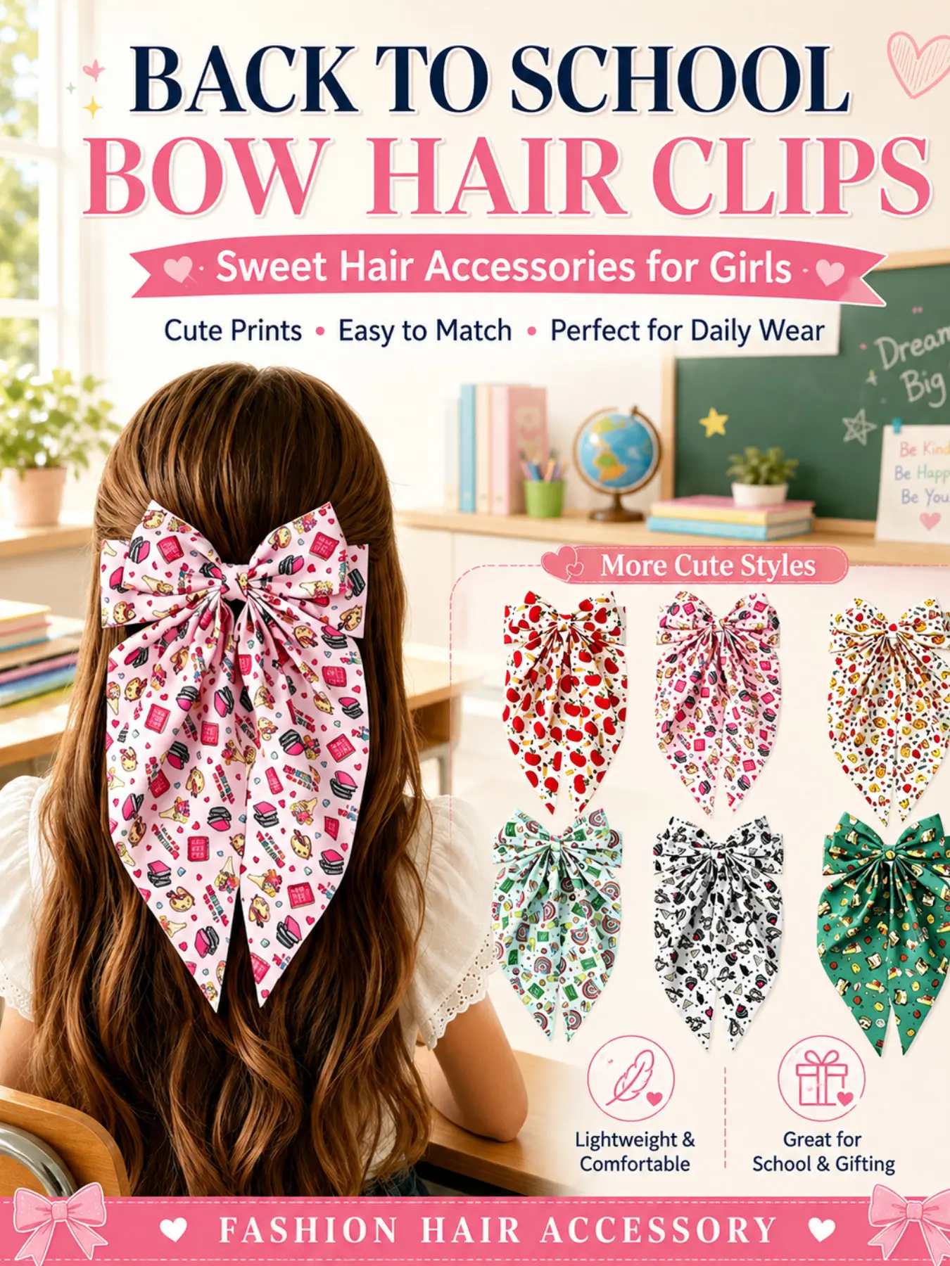 6PCS Cartoon Print Big Bow Hair Clips for Women and Girls, Sweet Preppy Fabric Hair Barrettes, Non-Slip Cute Hair Accessories for School, Daily Styling, Graduation and Holiday Gifts