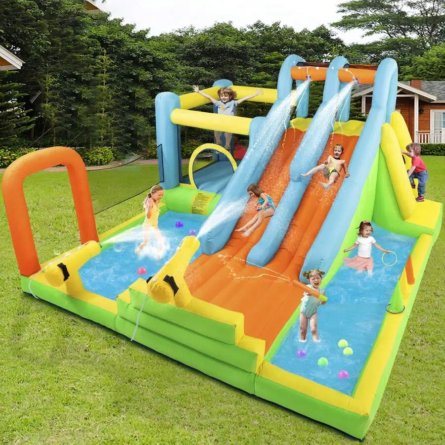 Discount Summer Giant Inflatable Water Slide, Waterpark Bounce House With 2 Long Slides, Splash Pool, Trampoline, Climbing Wall, Tossing Game Ring, 550W Hairdryer For Children's Backyard Gardens Indoor And Outdoor Use