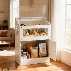 Spacious Wooden Small Animal Cage – Clear Acrylic Panels, Hamster Habitat，Ventilated Habitat for Hamsters, Guinea Pigs, Hedgehogs, Easy-Clean, Storage Cabinet, Sturdy Stand