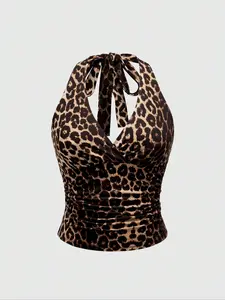 Elegant Plain Color Leopard Print Chic Halter Neck Women's Tank Top, Summer Fitted Knit Fabric, Stylish Ladies' Casual Wear