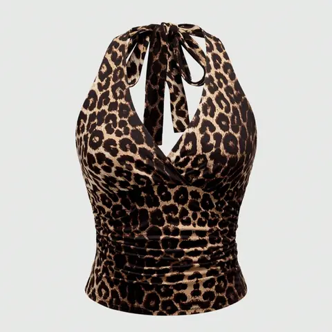 Elegant Plain Color Leopard Print Chic Halter Neck Women's Knitted Tank Top, Summer Fitted Knit Fabric, Stylish Ladies' Casual Wear