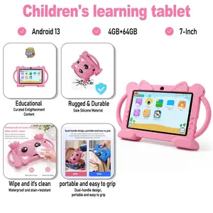 New portable seven inch children's tablet supports WIFI and Bluetooth functions, 4GB RAM, 64GB ROM, Android 13 shock resistant silicone protective case, Q version cat protective case, parents can control pre installed educational learning software