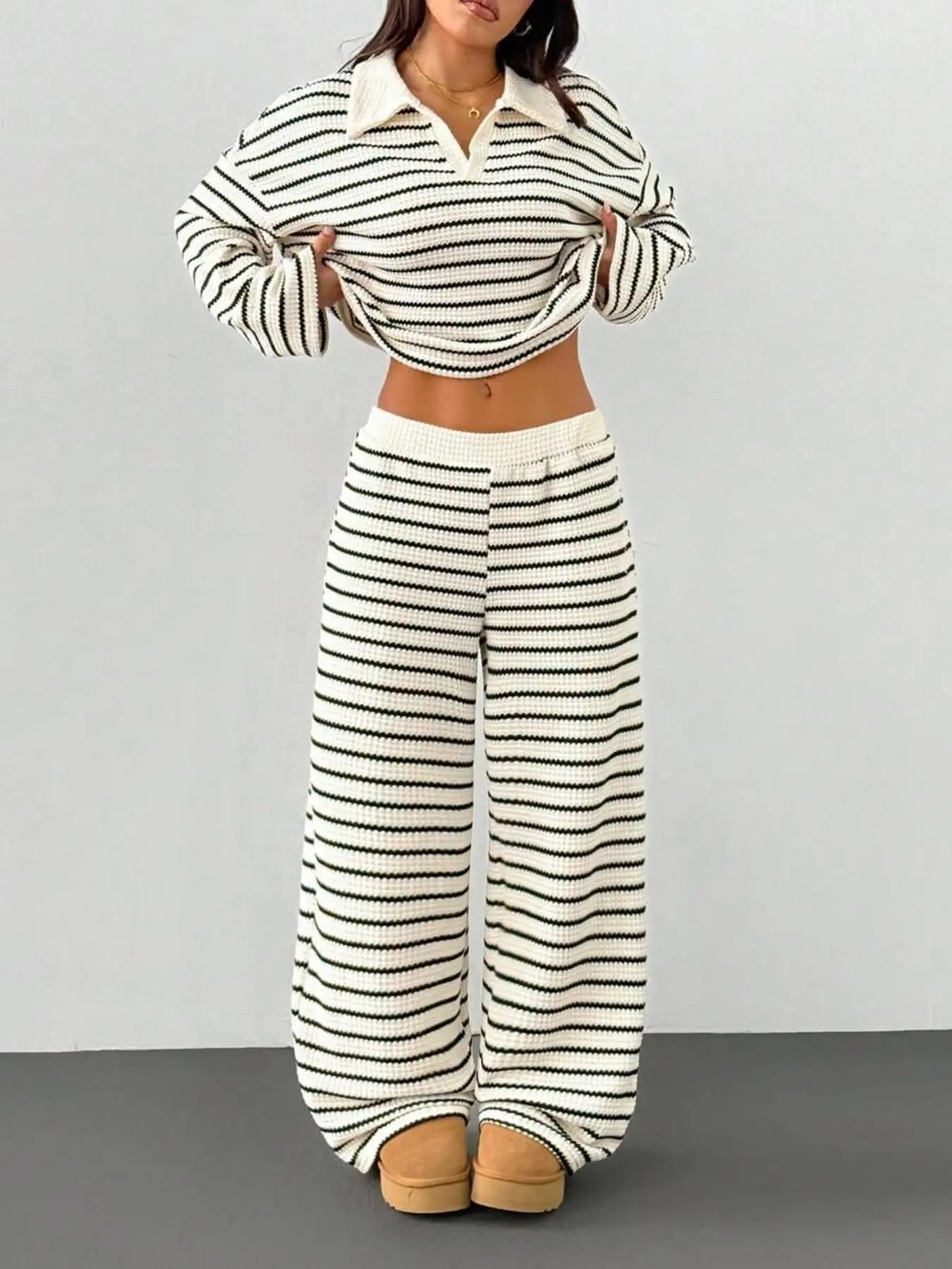Women's Relaxed Waffle Knit Two-Piece Set, Striped Print, Polo Neck Long Sleeve Top, Elastic Waist Wide Leg Pants, Casual Home & City Wear, Clothes