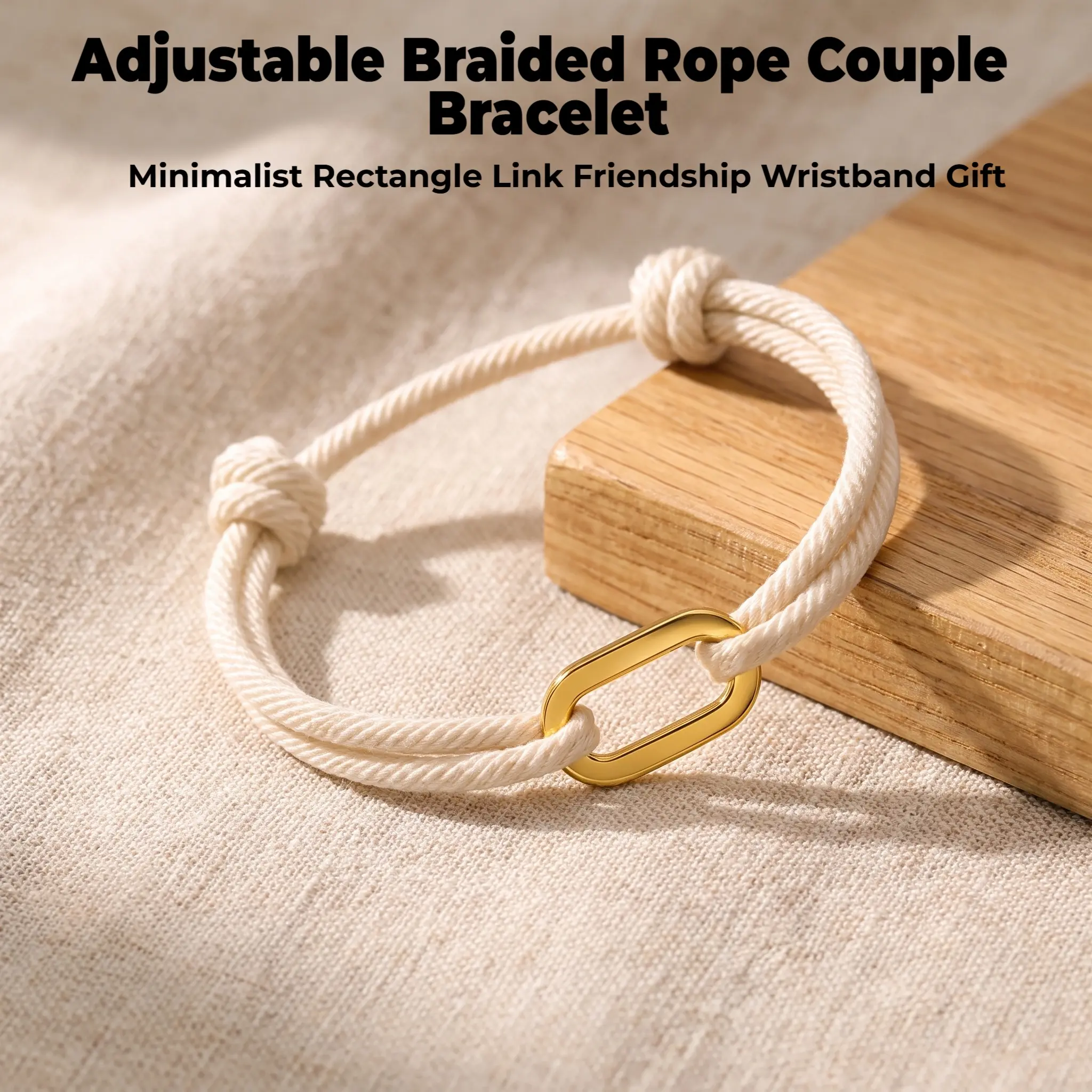 Adjustable Braided Cotton Rope Couple Bracelet Minimalist Rectangle Link Wristband Handmade Friendship Bracelet Matching Jewelry Gift For Lovers Friends-YY0