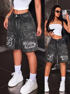 Y2K Vintage Denim Shorts, Rhinestone Floral Design, Unisex Streetwear, Loose Fit, Breathable Summer Fashion, High-End Casual Wear