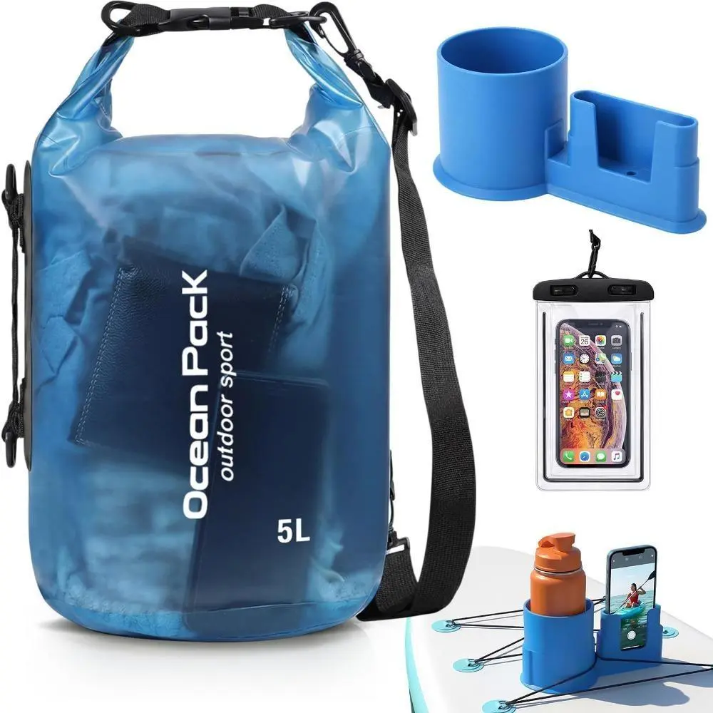 3-Piece SUP Accessory Set, Includes 5L Waterproof Dry Bag + 2-in-1 Cup Holder + Waterproof Phone Pouch, Roll-Top Lightweight Storage Bag for SUP Kayak & Boat