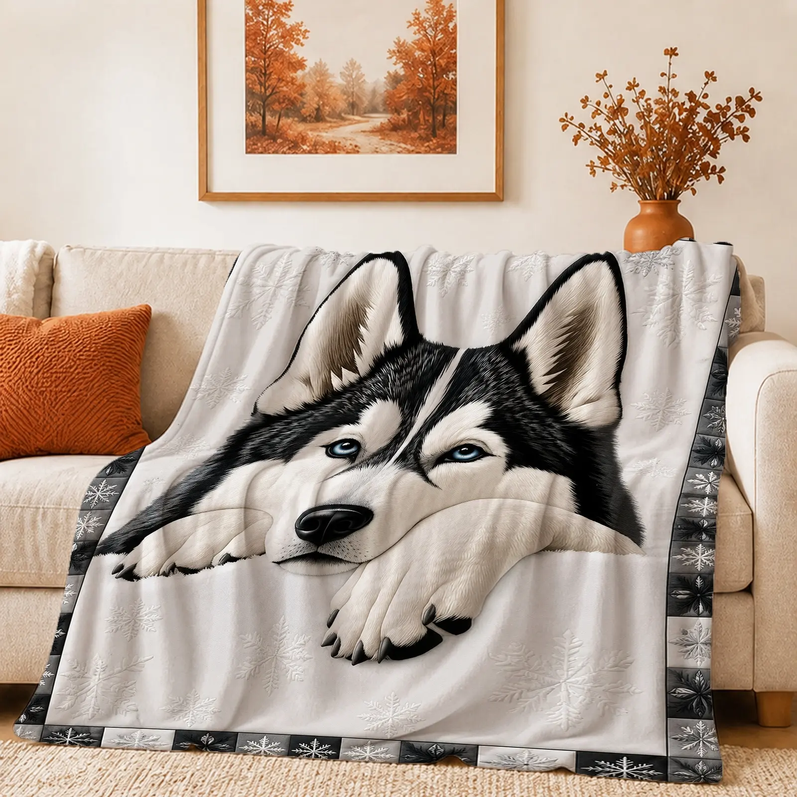 1pc Siberian Husky Snowflake Blanket, Cozy Winter Style, Stunning Central Husky Illustration with Snowflake Accents and Decorative Border, for Living Room Bedroom Winter Decor and Dog Lover Gift
