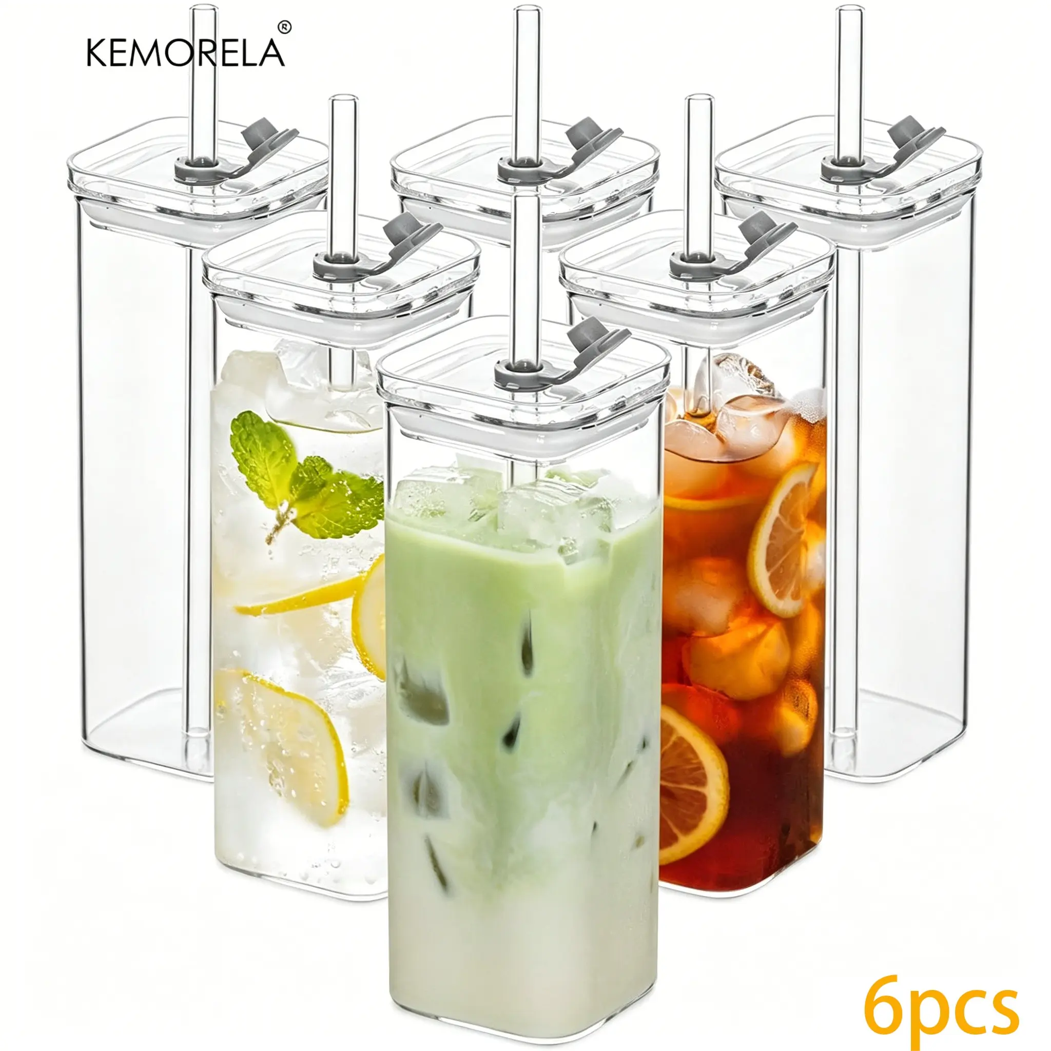 Kemorela 6-Piece Set of 18 Oz Glass Tumblers, Clear Drinking Glasses with Leak-Proof Lids, Reusable Straws, Dishwasher Safe, Clear Cups with Lids and Straws