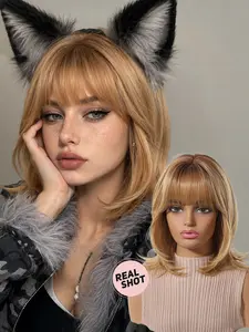 French Fringe Layered Bob Wig, Synthetic Fiber, Heat Resistant, Daily Commute Versatile, Curly Bob Wigs for All Seasons