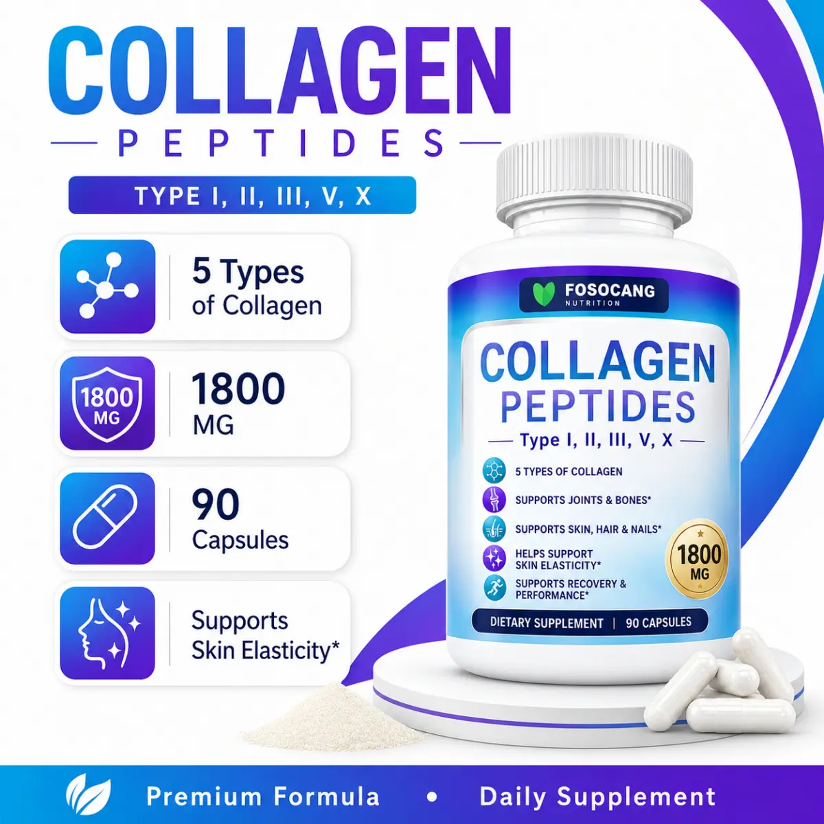 Multi Collagen Peptides Capsules 1800mg, Type I II III V X Hydrolyzed Collagen Supplement, Supports Skin Hair Nails, Joint & Bone Health for Men Women, 90 Capsules