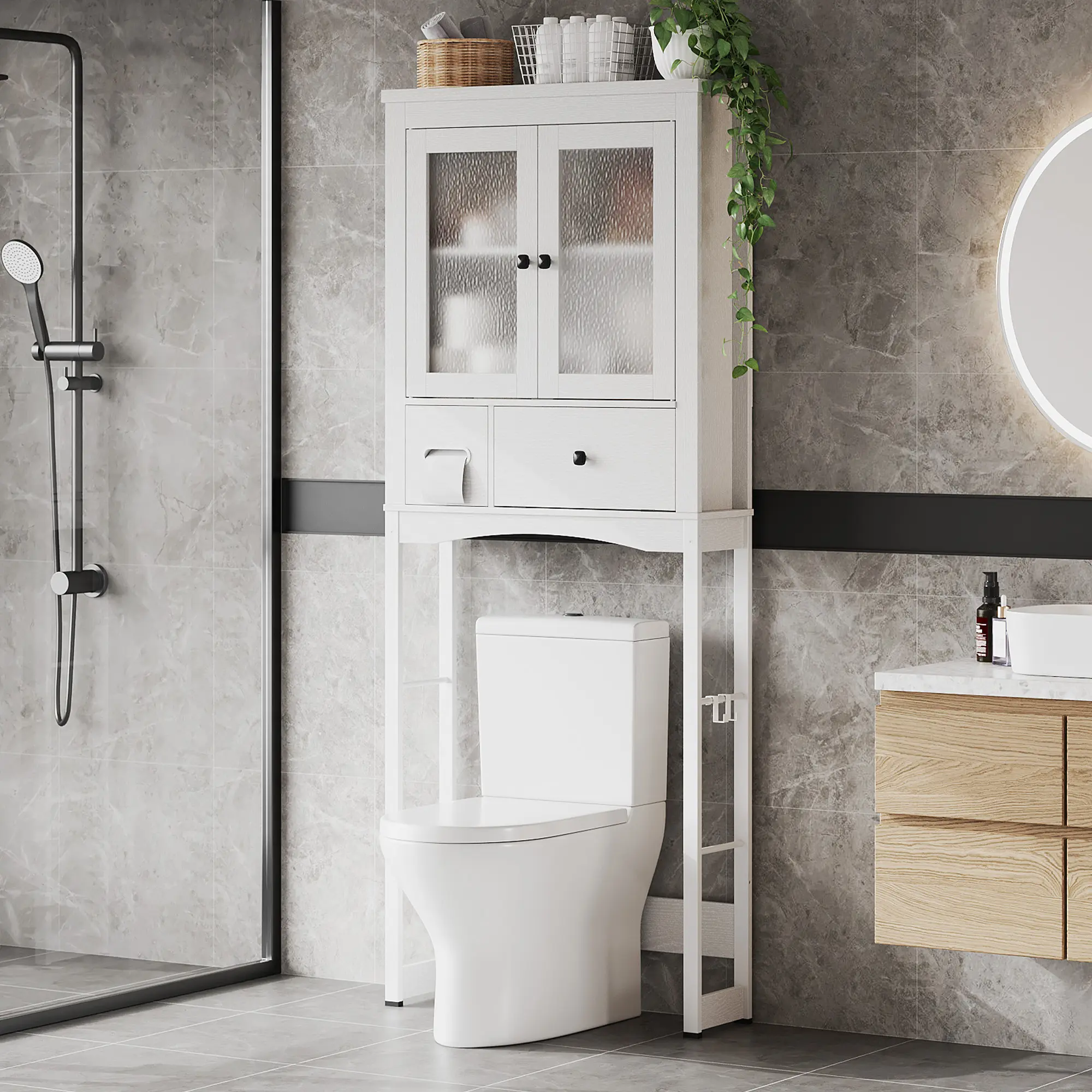 Over The Toilet Storage Shelf, Vintage Bathroom Organizer with 3 Tier Shelves & Steel Frame, Space Saving Toilet Shelf for Towels & Toiletries