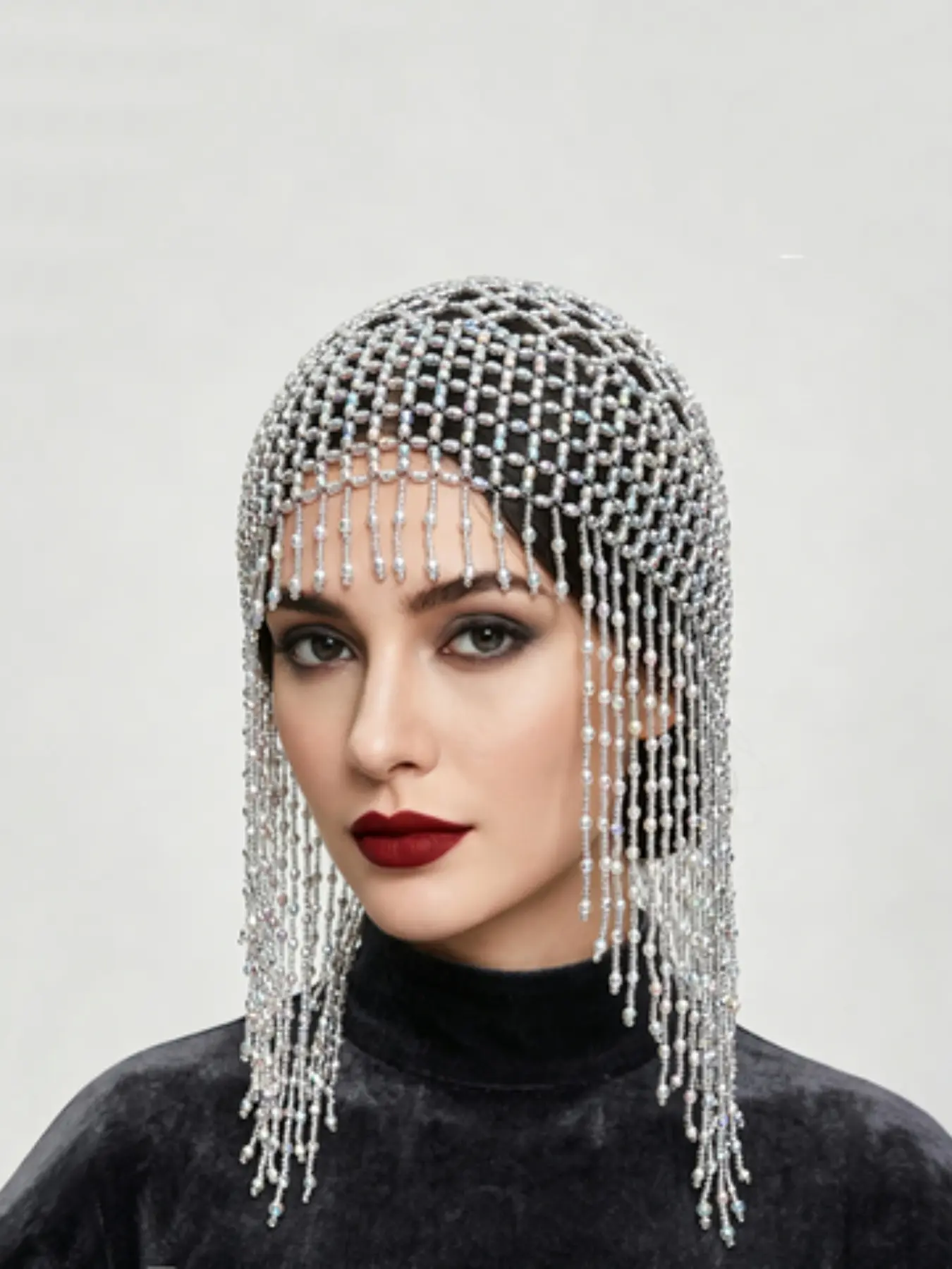 Vintage Beaded Fringe Hair Chain, Handwoven Mesh Hair Hat, Hollow Out Decorative Hair Net, Bridal Gown Accessory, European and American Style, Vintage Hair Accessories