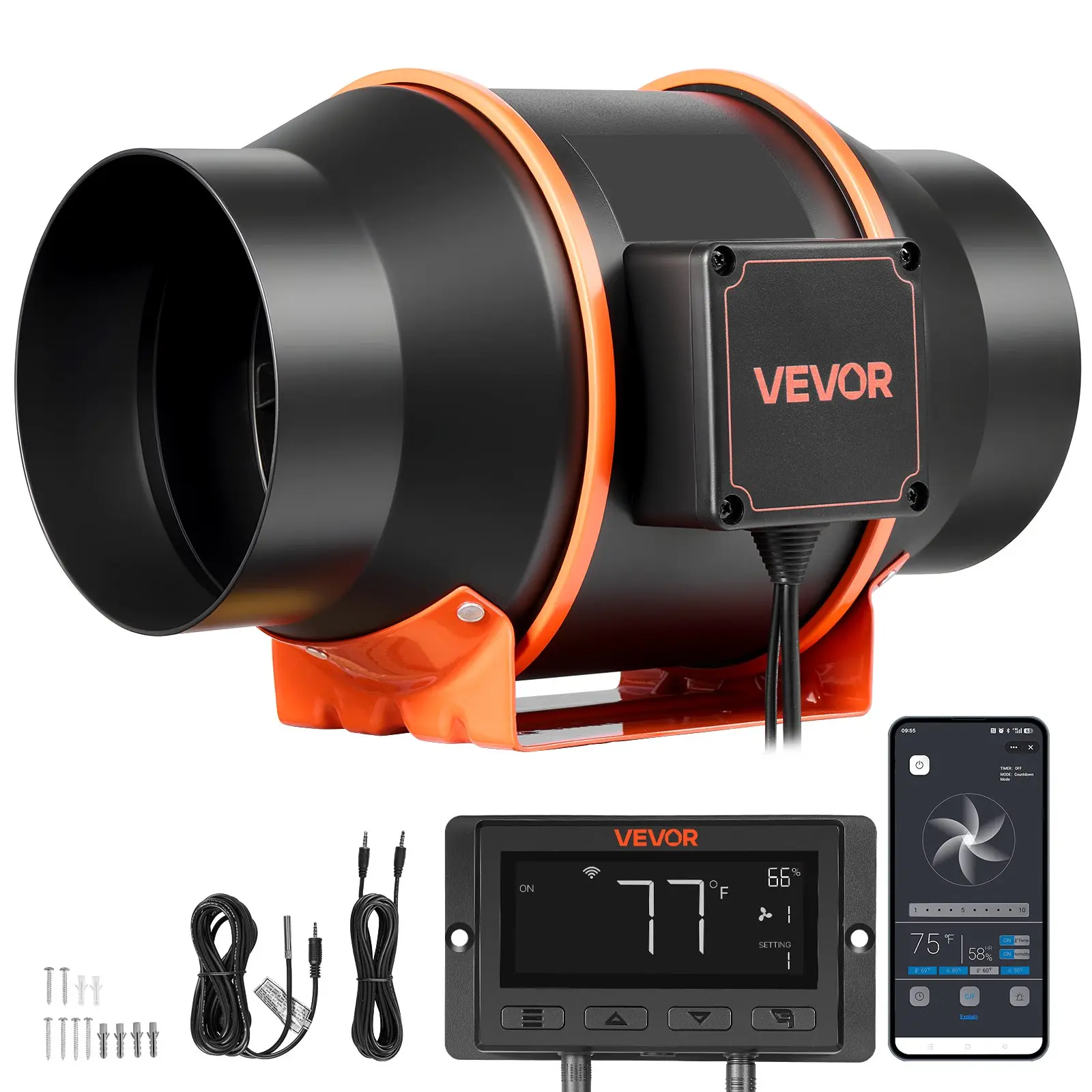 【DealsForYouDays】VEVOR Energy Efficient 6-in Inline Duct Exhaust Fan, 402 CFM EC Motor with 10-Speed PWM Controller, Remote Controlled, App Access, Temperature Humidity Sensor, Humidity Control with App for Grow Tent