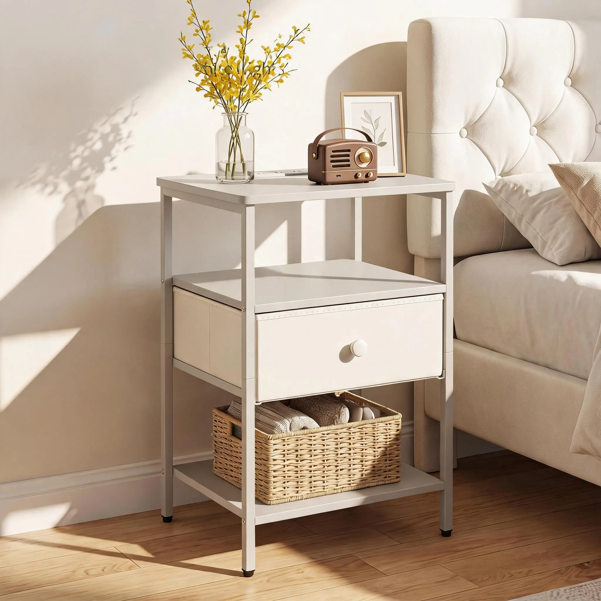 Minimalist Rectangular Nightstand with Charging Station, 3-Tier Open Storage, Fabric Drawer, Sturdy Metal Frame End Table for Bedroom, Living Room (White, Black Options)