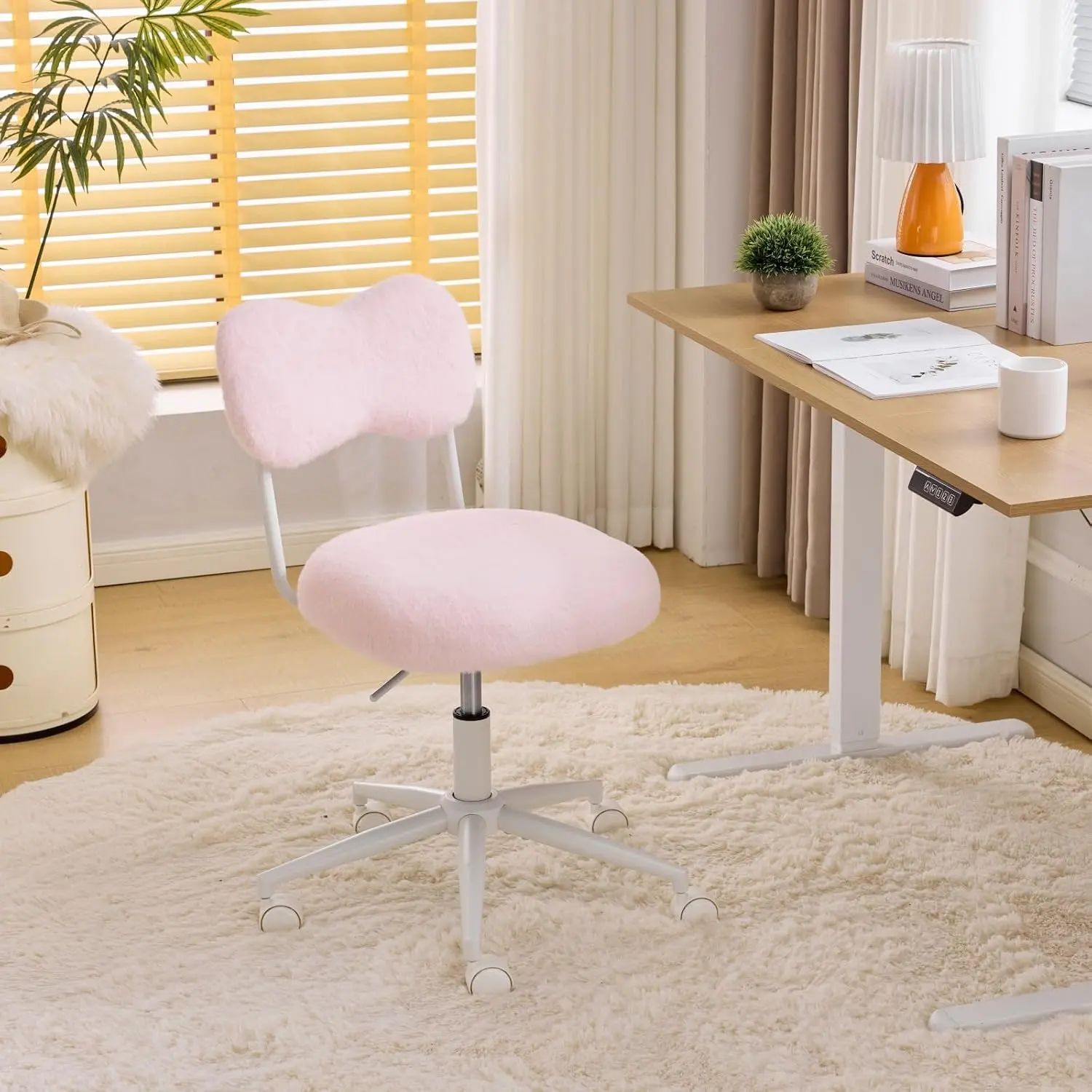 VINGLI Small Swivel Vanity Chair with Wheels & Back,15° Reclining Makeup Chair, Cute Armless Home Office Desk Chair for Learning or Bedroom, Mute Computer Chair for Girls or Kids,Plush Fur