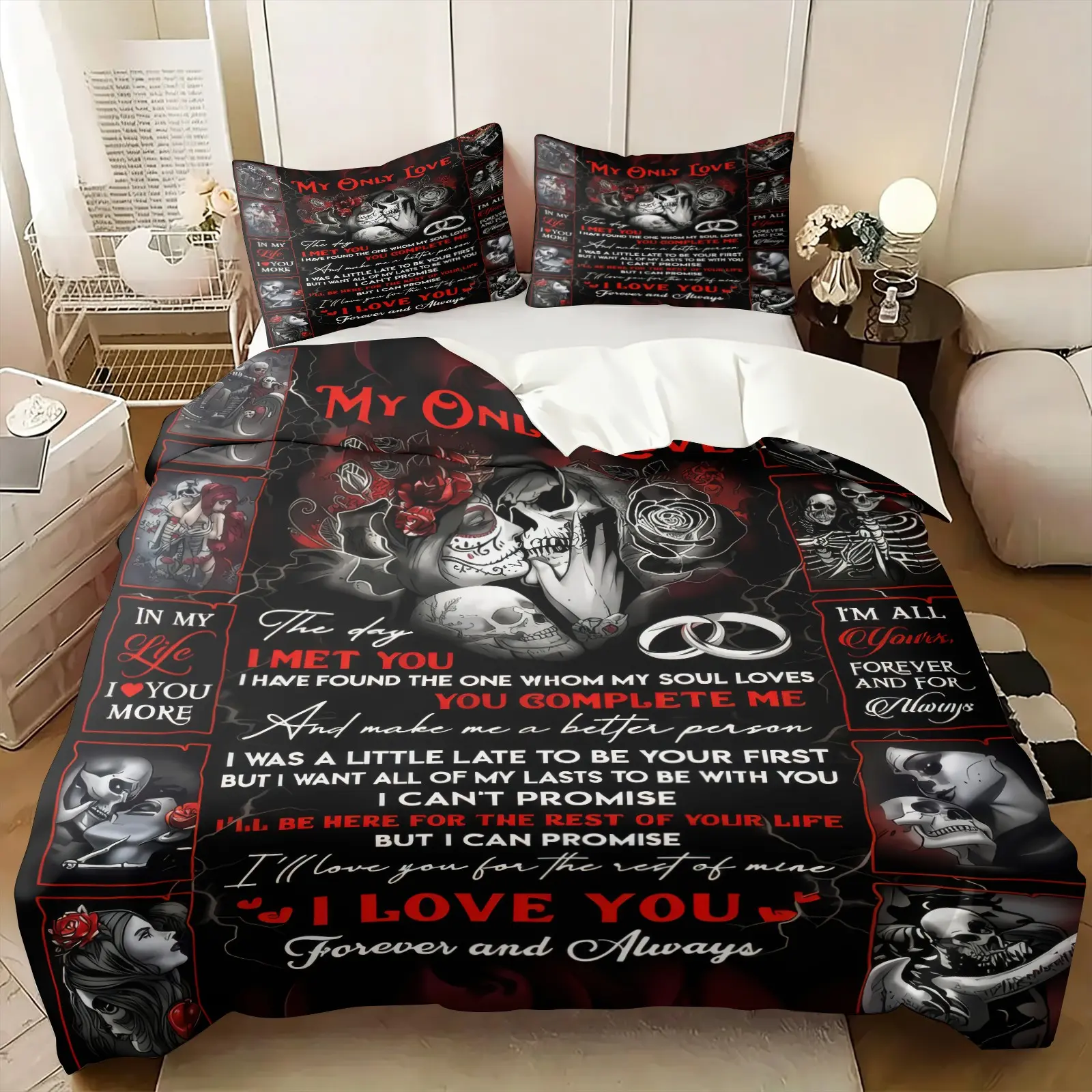 Dark Gothic Tattoo Sugar Skull Couple Duvet Cover Set, Include 1 Quilt Cover and 1/2 Pillowcases, Solid Black Background Red Rose Wedding Ring Romantic Love Quote Text Print Comforter Cover, All Season Couple Moody Aesthetic Bedroom Bedding Decor