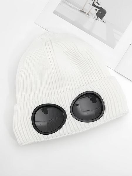 Unisex Solid Color Goggle Lens Design Beanie Hat, Casual Soft Comfortable Beanie for Fall & Winter, Fashion Accessories for Both Men & Women, Knitted Winter Hat