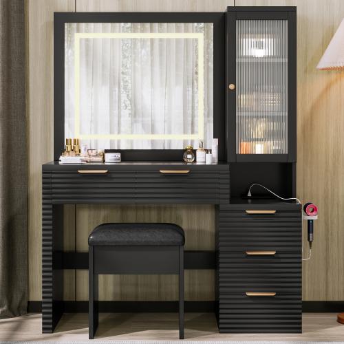 [Bellemave]43.5" Vanity Desk with Mirror and Lights, Fluted Makeup Vanity with Charging Station, 5 Drawers and a Glass Door Cabinet, Dressing Table set with Hairdryer Holder and Storage Stool for Bedroom, Black