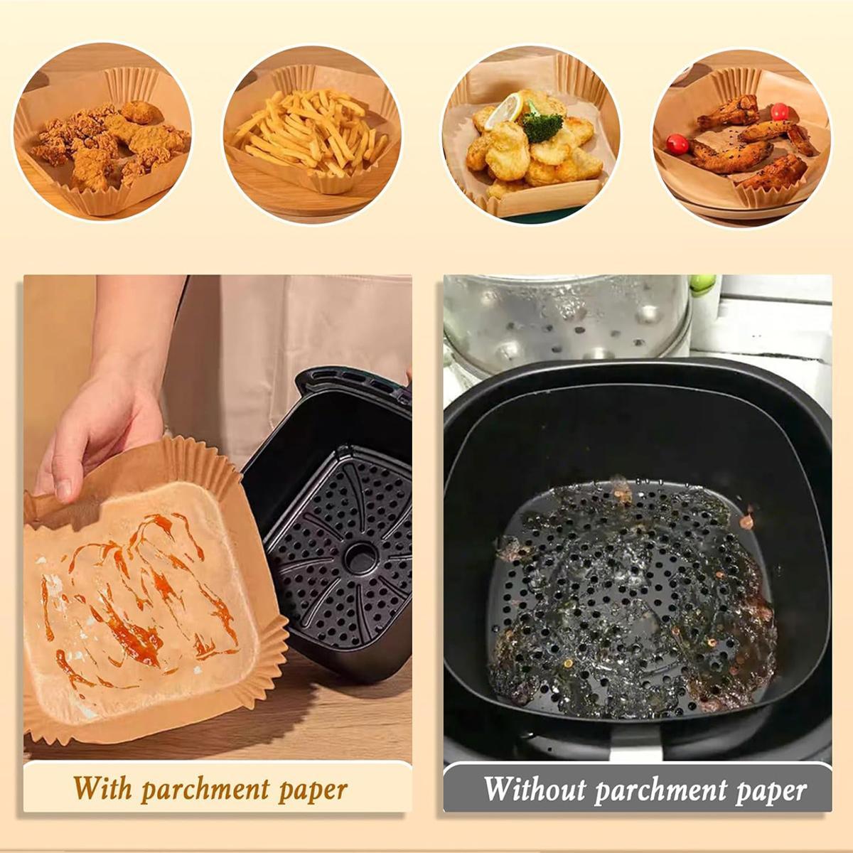 Air Fryer Paper Liners, 100Pcs Parchment Paper, Air Fryer Liners Disposable for Microwave, Non-Stick Air Fryer Liner Square Free of Bleach (6.3IN) Baking Supplies Kit Bakeware