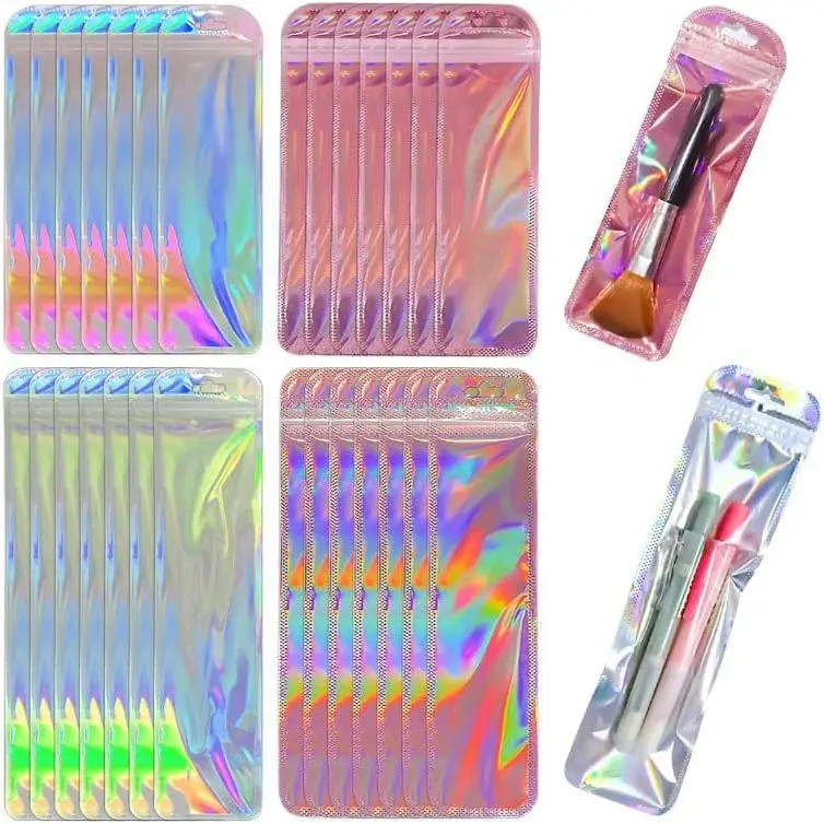 160-Count Resealable Holographic Shine Foil Rainbow Storage Bags, Modern Home Organizer Pouch for Party Gifts, Birthday Packs, Jewelry, Pen, Lip Eyelash Item Storage, Metallized Film