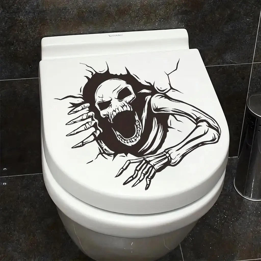 1Pc Halloween Skull Wall Decal – Broken Wall 3D Effect Sticker, Self-Adhesive Removable PVC Decoration for Bathroom, Living Room, Toilet, Home Decor, Spooky Party Supplies, Indoor Use