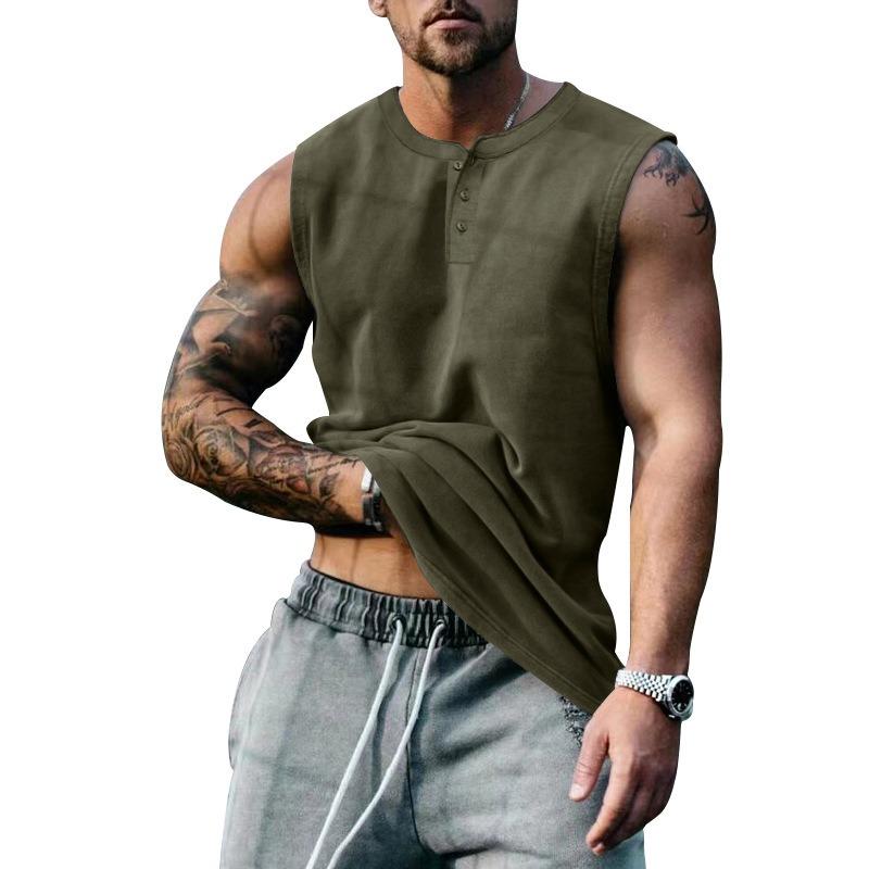 Summer Men's Sleeveless Wide Shoulder Vest,  Crew Neck, Slim Shoulder, Solid Color T-Shirt, Men's Back