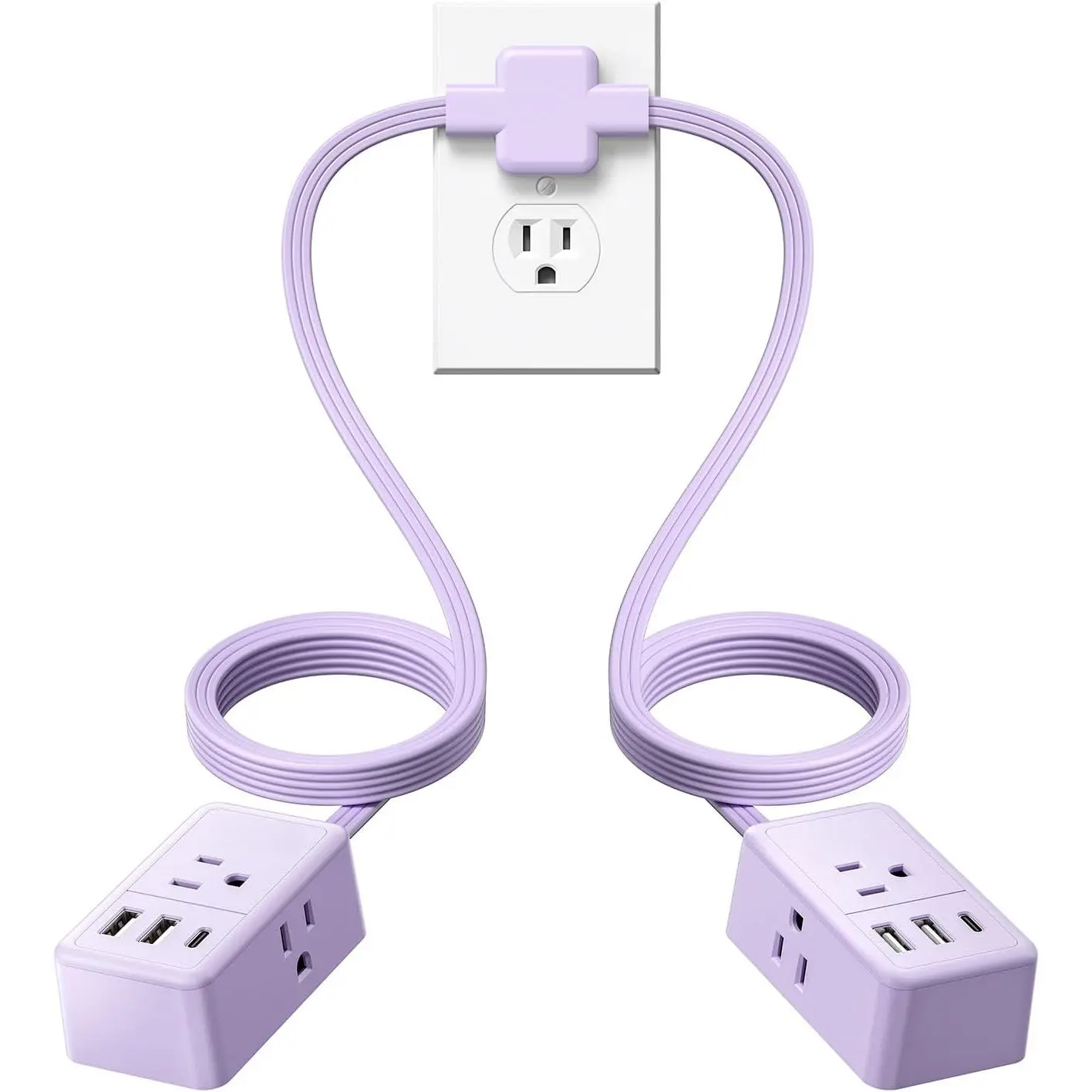 Double Extension Cord 12 FT, Twin Extension Cord Splitter, 6 FT Purple Extension Cord on Each Side, 20W USB C & 2 USB A & 3 Outlets, Split Power Strip with Flat Plug for Home Dorm Room