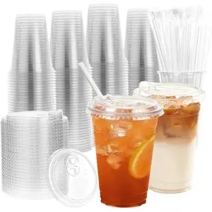 16oz Stackable Plastic Cups Set with Lids and Straws, BPA-Free Disposable Drinkware for Iced Beverages, Birthday Parties, Events, Food-Grade Durable Cups, 100-Pack