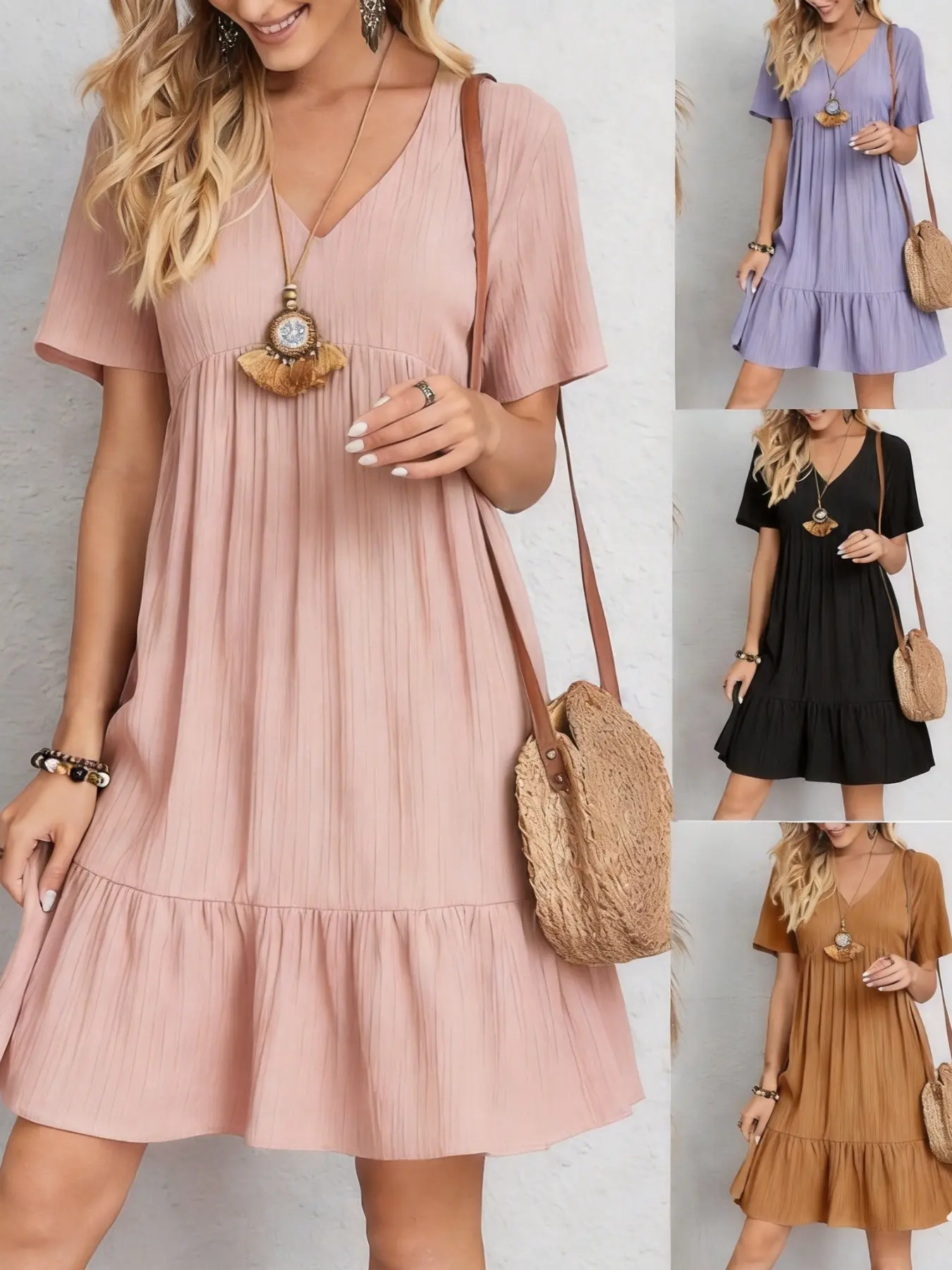 Women's Casual Loose Short Dress, V-Neck Short Sleeve Ruffle Hem A-Line Dress for Beach, Vacation & Daily Wear, Comfortable Summer Dress