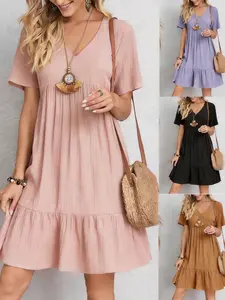 Women's Casual Short Dress, V Neck Short Sleeve Loose Ruffle a Line Dress, Daily Beach Vacation, Comfortable Summer Skirt