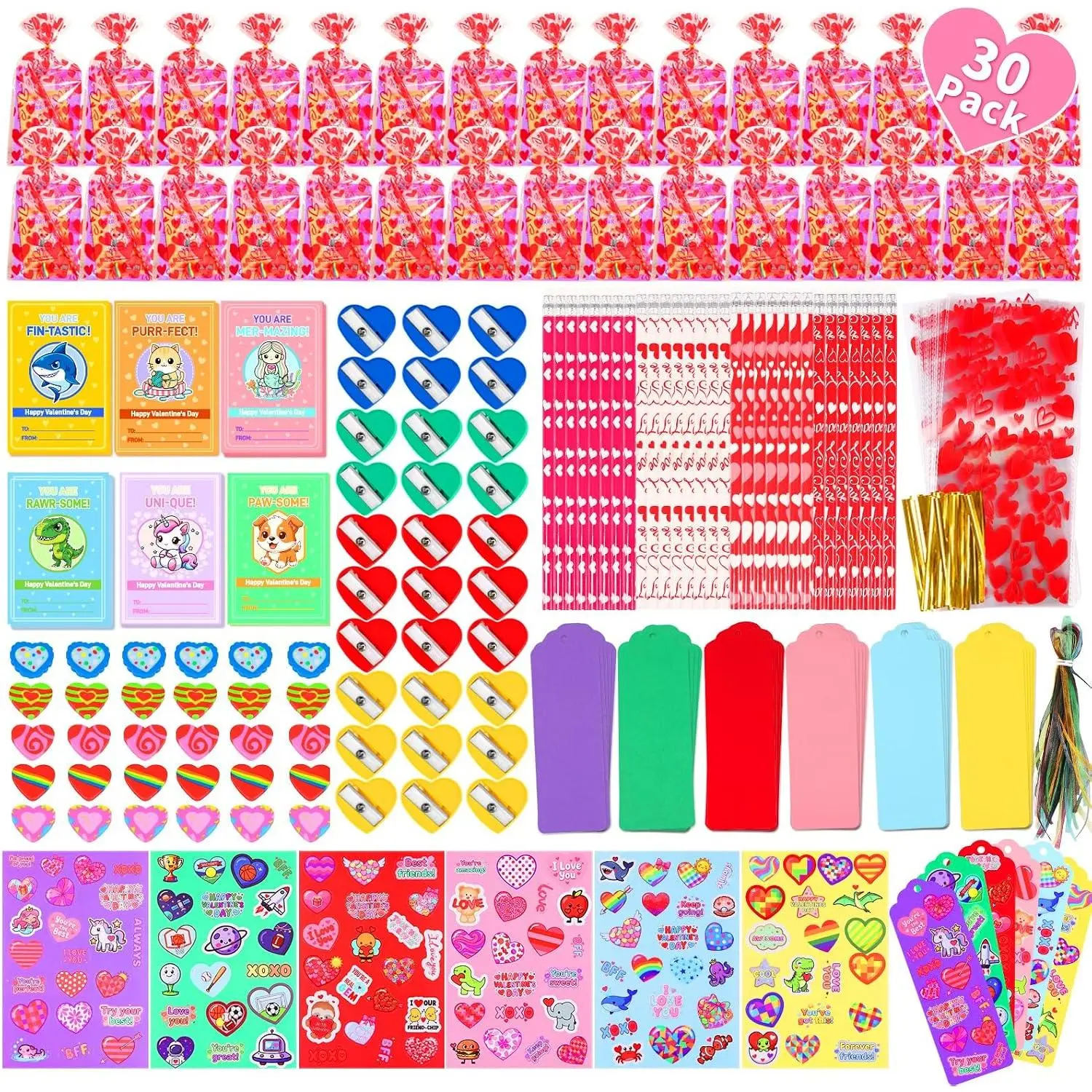 Valentines Day Gifts for  Classroom - 30 Pack Valentines Stationery Set with Cards, Pencil, Erasers, Sharpeners, Stickers, Bookmark, Goodie Bags, School Exchange Party Favors,  for Boys Girls