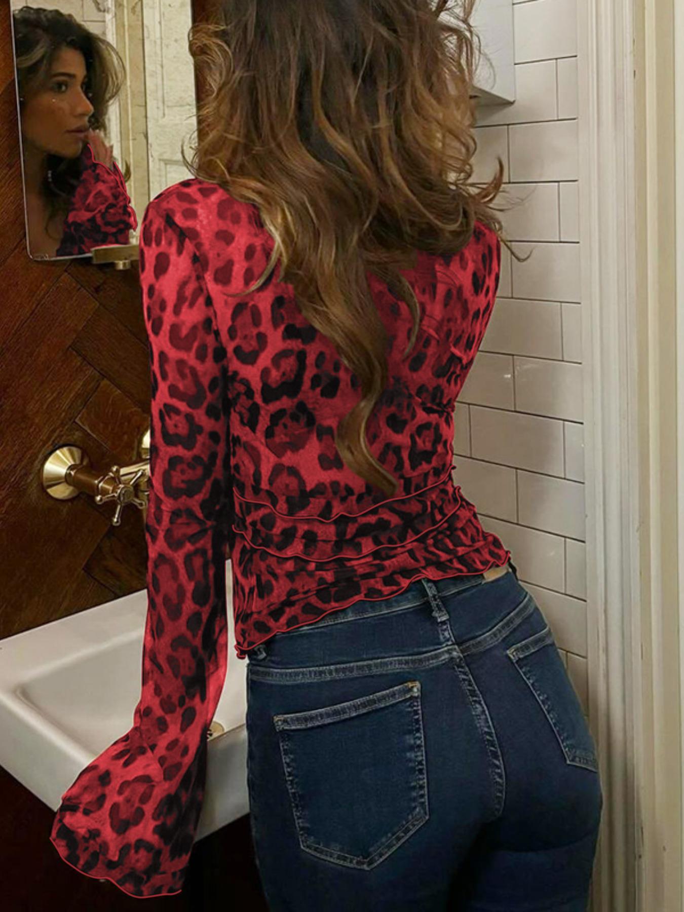 Women's Leopard Print Tie Front Mesh Vintage Graphic Tees, T Shirts for Women, Frill Trim Sheer Long Sleeves Top for Summer, Ladies Clothes for Beach Party Vacation, Gift, Women's T Shirts, Longsleeves Clothes for Women, Garment, Womenswear