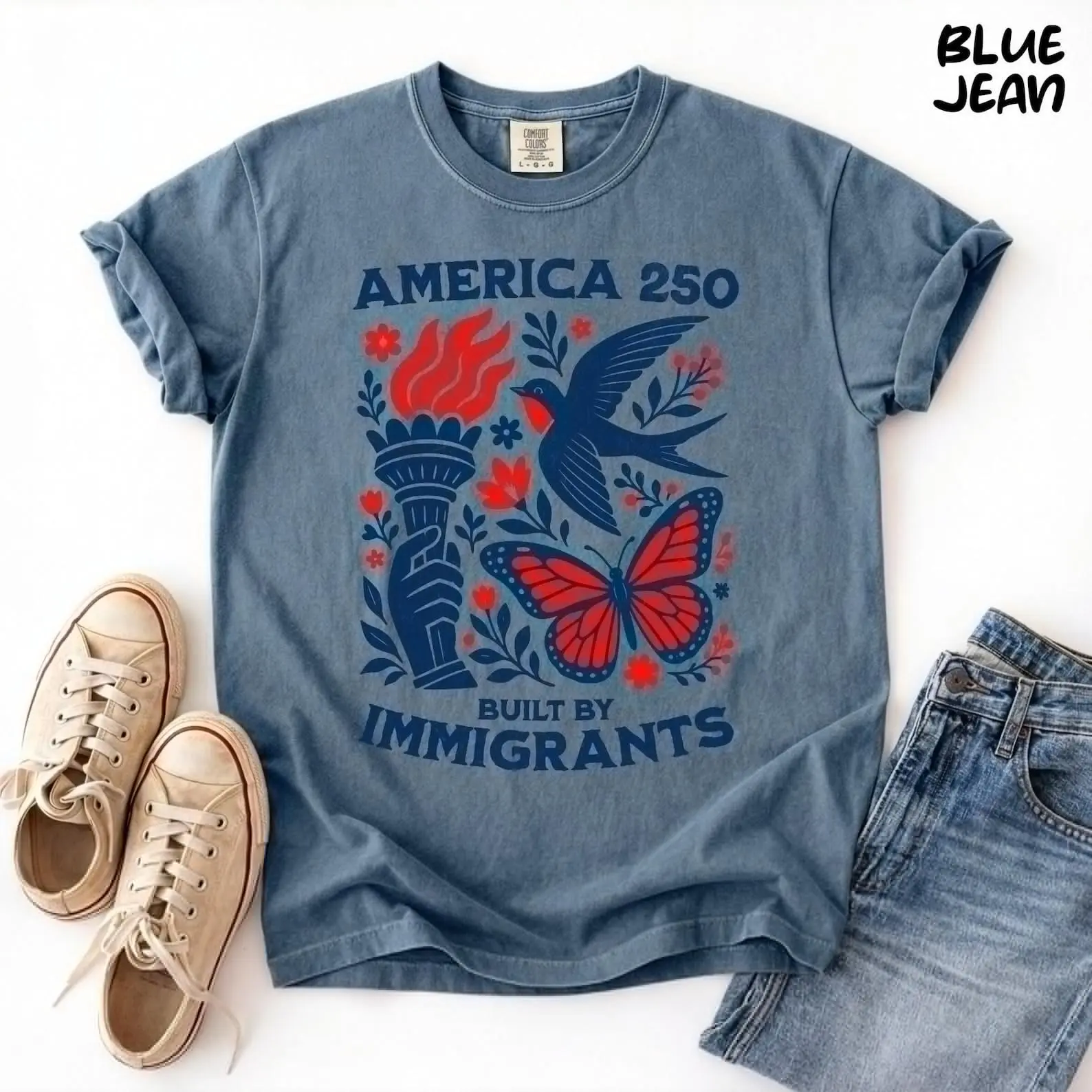 Women's Oversized Breathable Retro Folk Art America 250 Immigrant Graphic Tee - Vintage Butterfly Torch Patriotic School Teacher Soft Top
