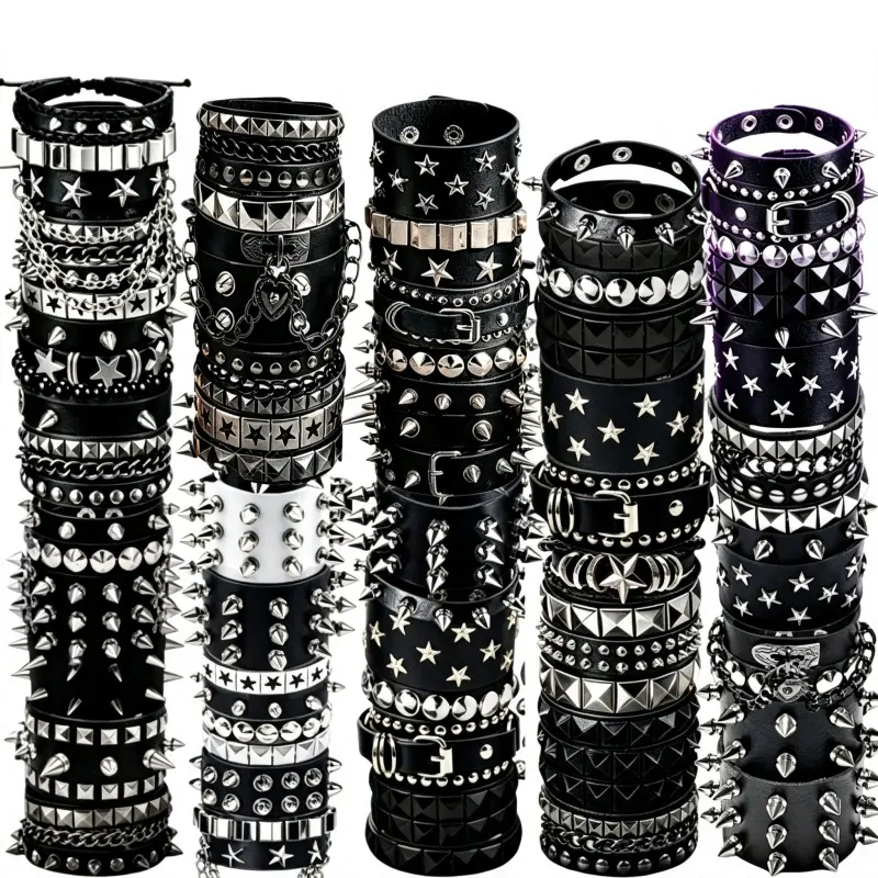 4/6/8/12/15Pcs Vintage PU Leather Bracelet Punk Bracelet Set for Women Men, Gothic Rivet Buckle Adjustable Cuff Black Wristband for Men Women, Perfect for Halloween Gift & Party Wear, Halloween Cosplay Rave Party Costume Jewelry